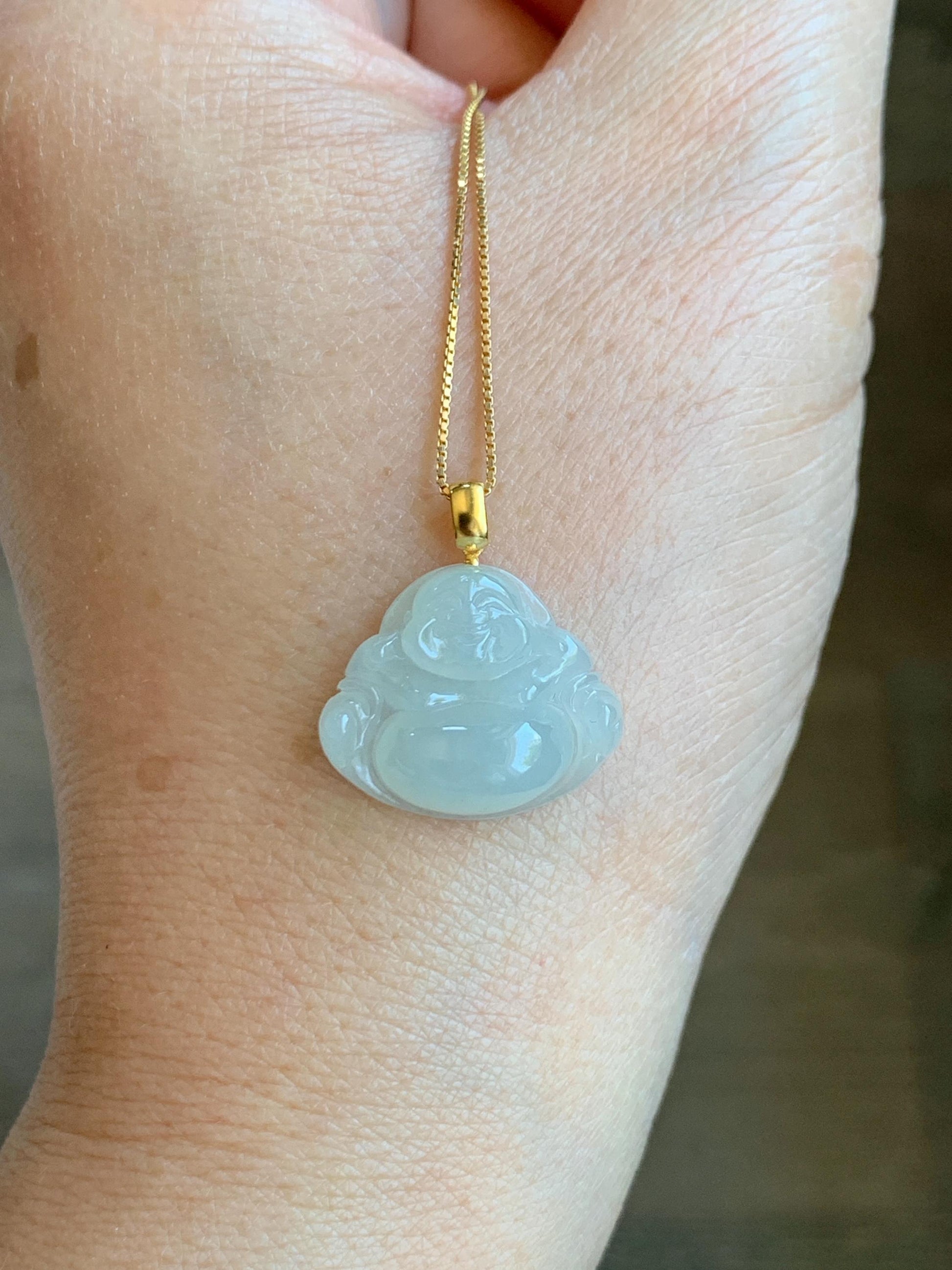Natural Grade A Icy Translucent Beige Jade Jadeite Carved Buddha Petite Pendant 18K Yellow Gold 天然冰糖黄翡翠小佛公镶嵌吊坠 MTH150B