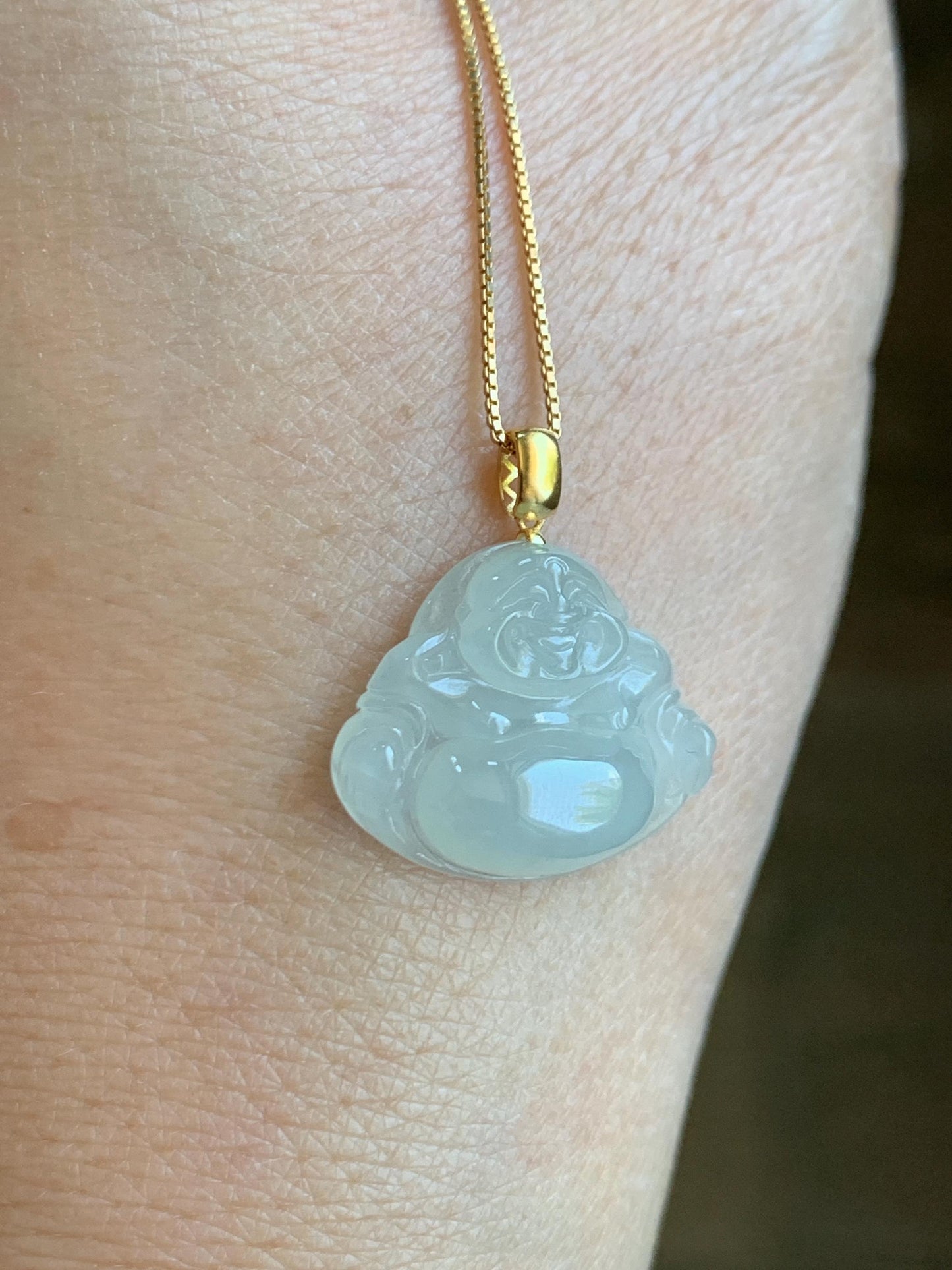 Natural Grade A Icy Translucent Beige Jade Jadeite Carved Buddha Petite Pendant 18K Yellow Gold 天然冰糖黄翡翠小佛公镶嵌吊坠 MTH150B