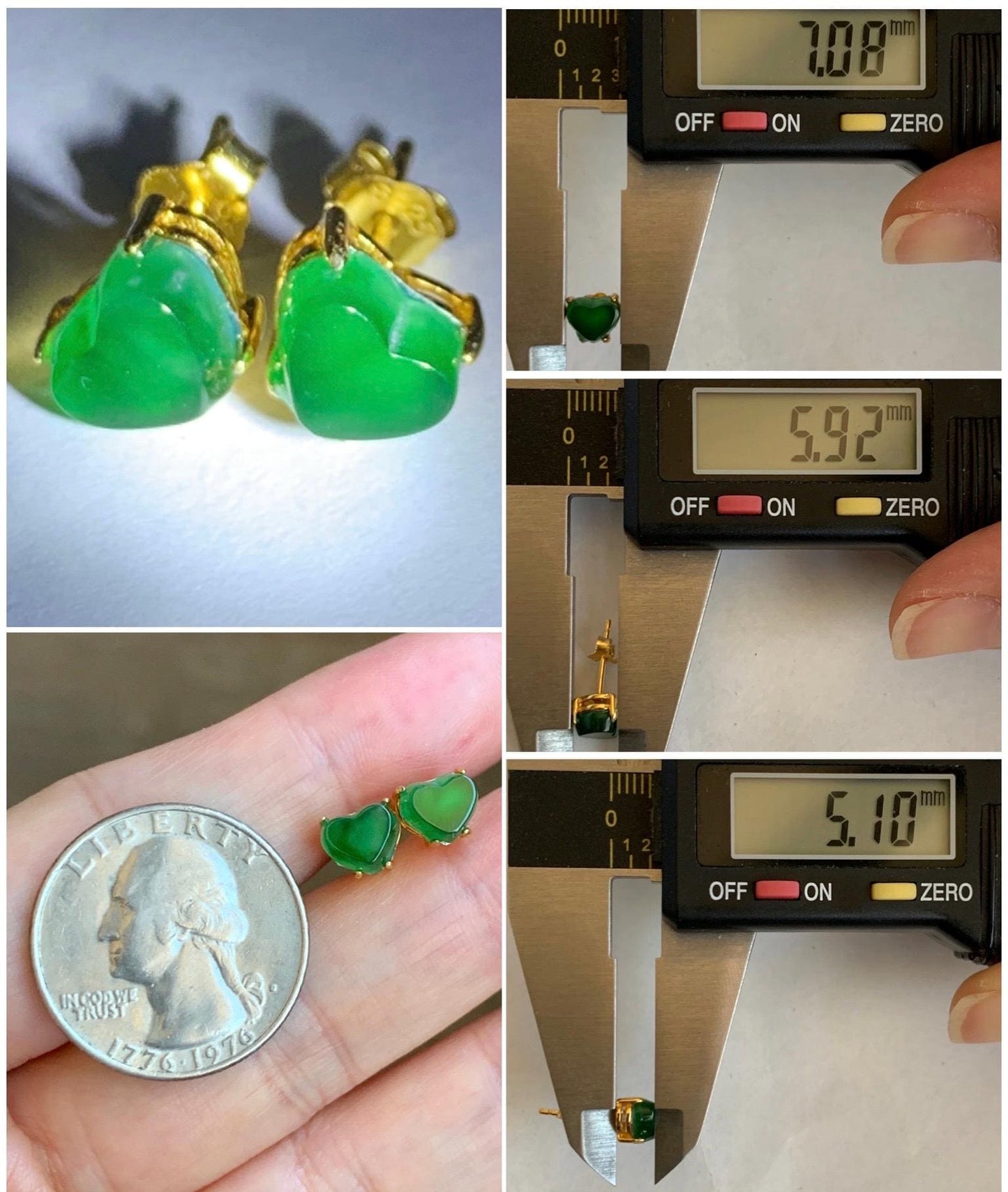 Natural Grade A Guatemalan Icy Translucent Vibrant Green Jade Jadeite Heart Stud Earrings Sterling Silver Gold Overlay 天然冰危绿翡翠爱心银耳钉 XLX88
