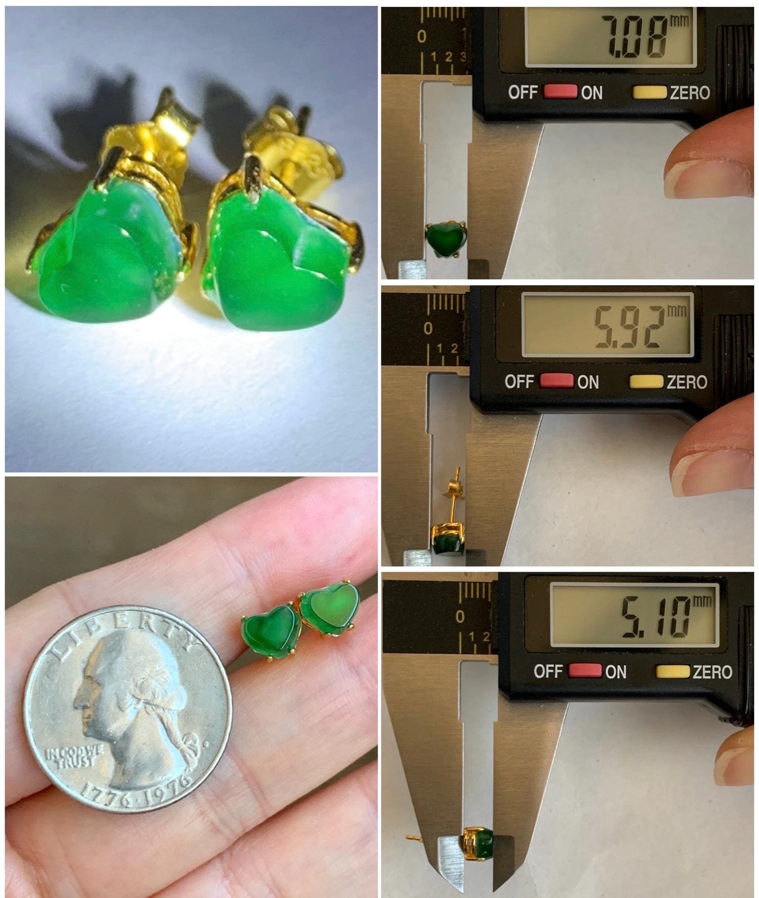 Natural Grade A Guatemalan Icy Translucent Vibrant Green Jade Jadeite Heart Stud Earrings Sterling Silver Gold Overlay 天然冰危绿翡翠爱心银耳钉 XLX88