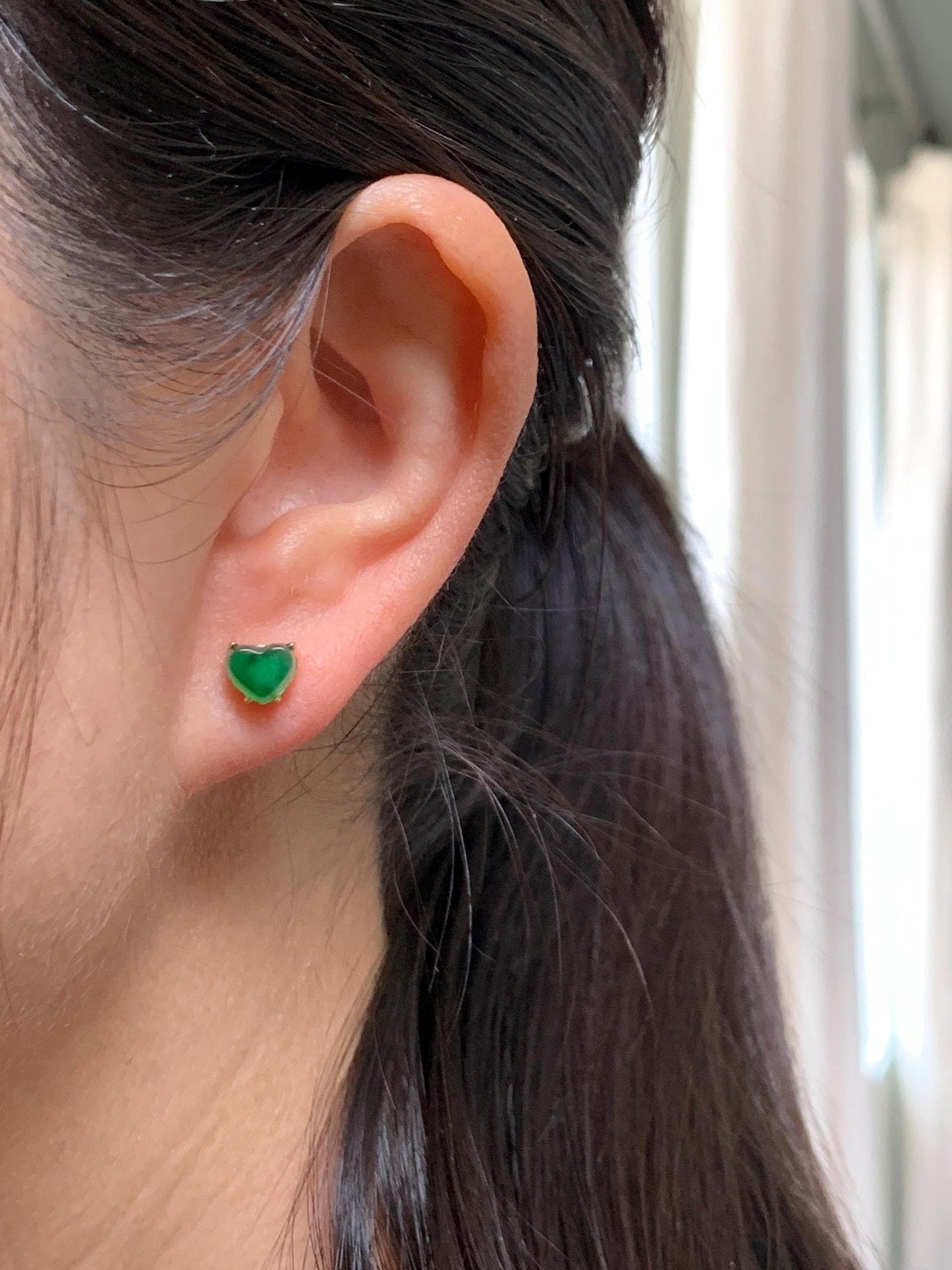 Natural Grade A Guatemalan Icy Translucent Vibrant Green Jade Jadeite Heart Stud Earrings Sterling Silver Gold Overlay 天然冰危绿翡翠爱心银耳钉 XLX88