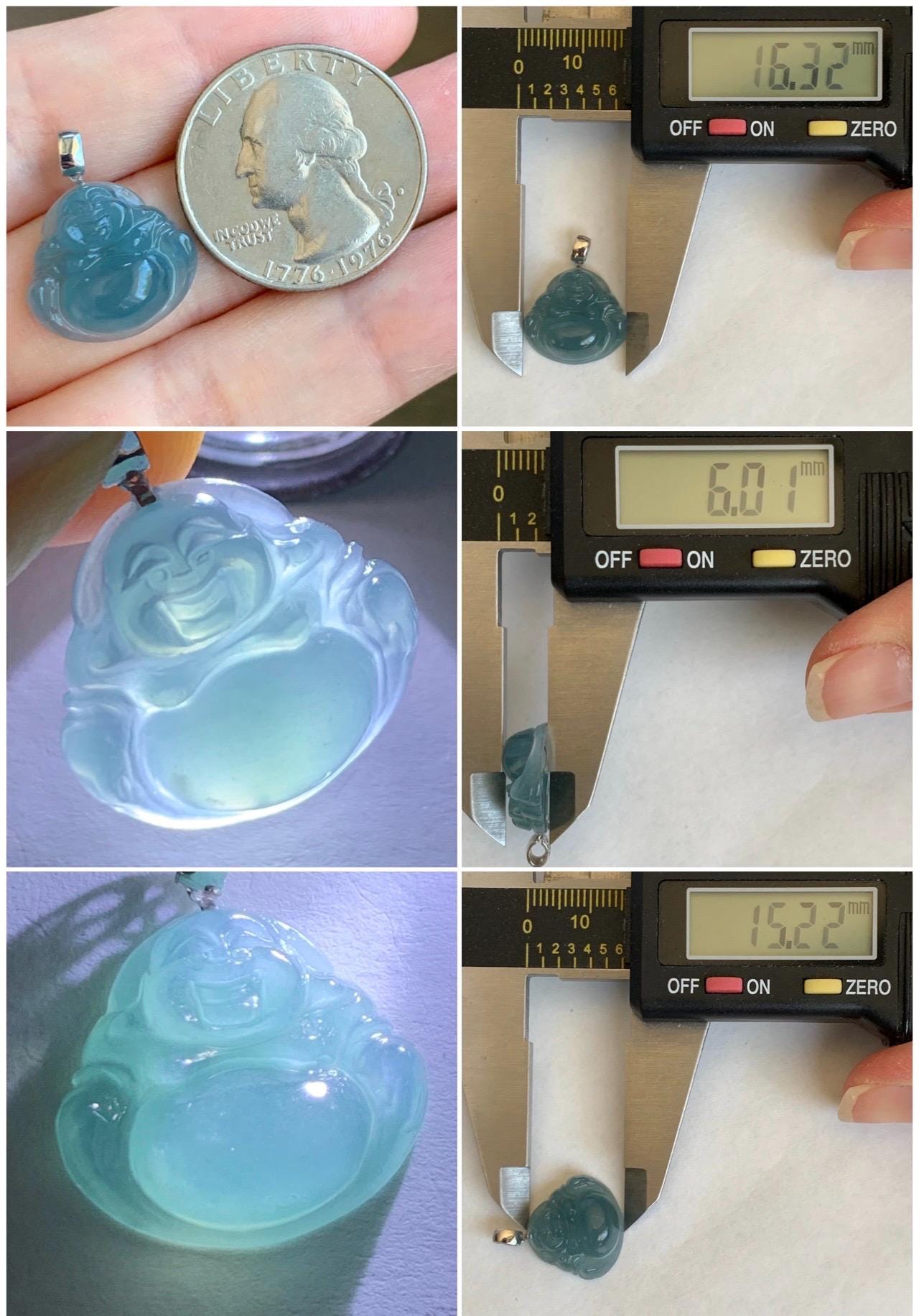 Natural Grade A Guatemalan Icy Translucent Gelatinous Blue Jade Jadeite Carved Buddha Petite Pendant 18K White Gold 天然冰危蓝翡翠小佛公镶嵌吊坠 XWLF-A