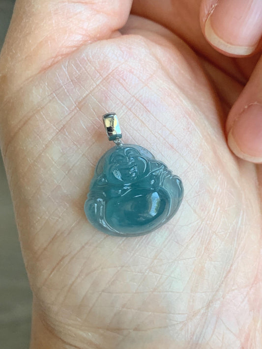 Natural Grade A Guatemalan Icy Translucent Gelatinous Blue Jade Jadeite Carved Buddha Petite Pendant 18K White Gold 天然冰危蓝翡翠小佛公镶嵌吊坠 XWLF-A