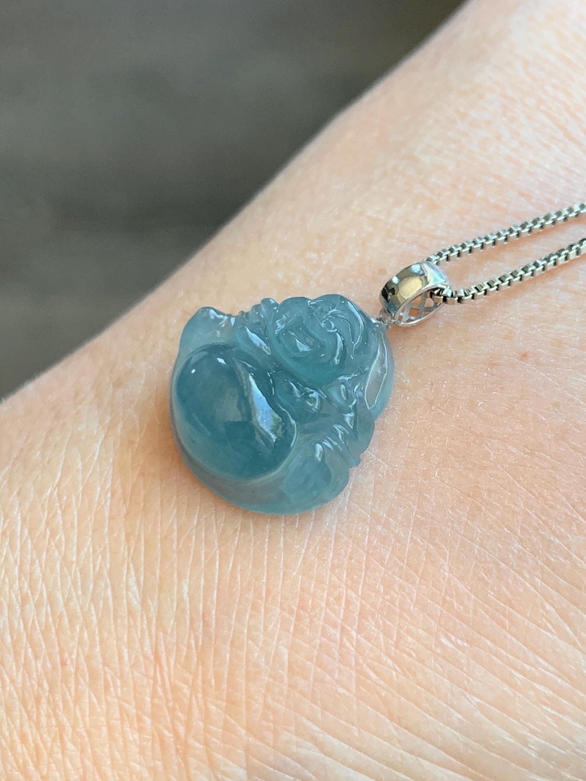 Natural Grade A Guatemalan Icy Translucent Gelatinous Blue Jade Jadeite Carved Buddha Petite Pendant 18K White Gold 天然冰危蓝翡翠小佛公镶嵌吊坠 XWLF-A