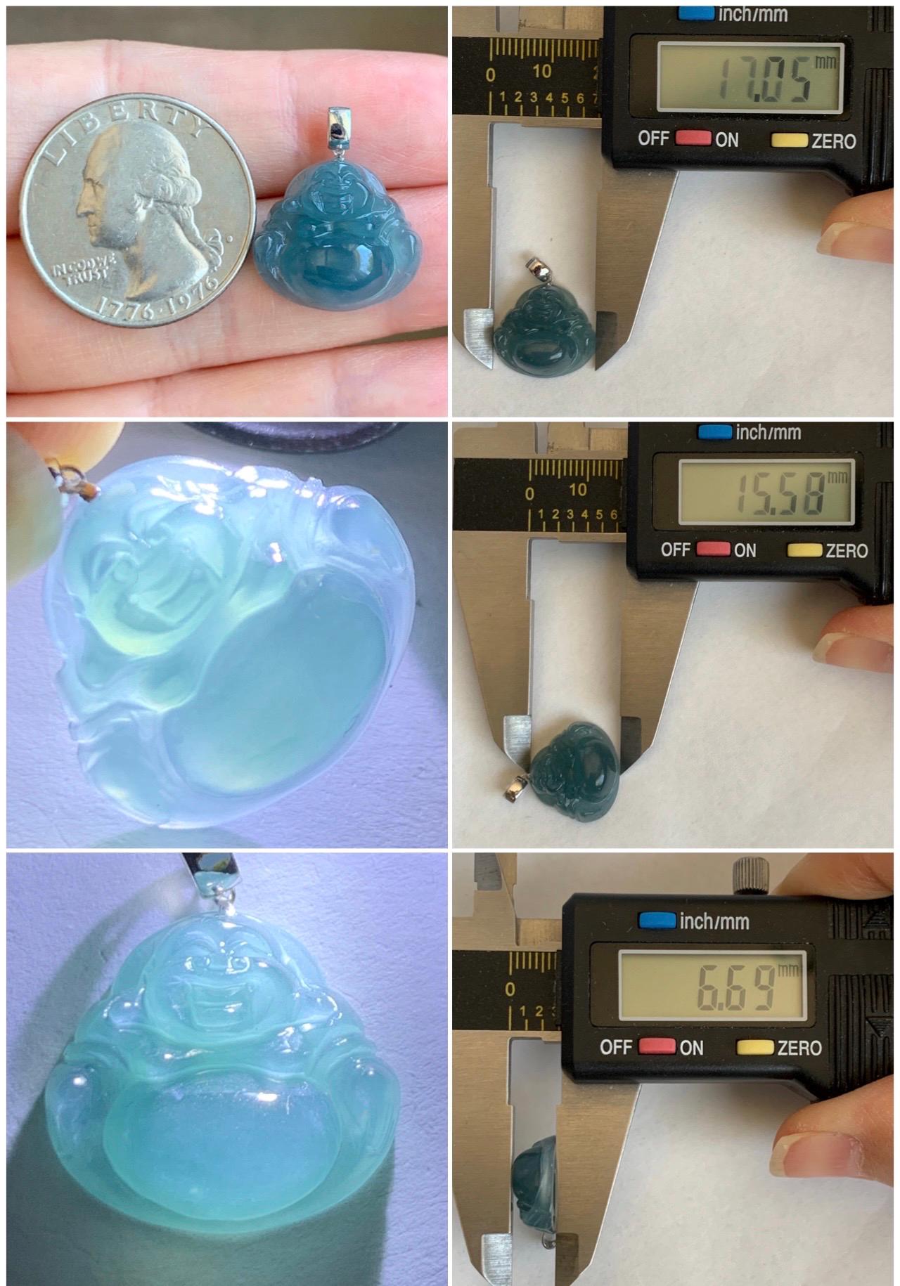 Natural Grade A Guatemalan Icy Translucent Gelatinous Deep Blue Jade Jadeite Buddha Petite Pendant 18K White Gold 天然冰危蓝翡翠小佛公镶嵌吊坠 XWLF-B