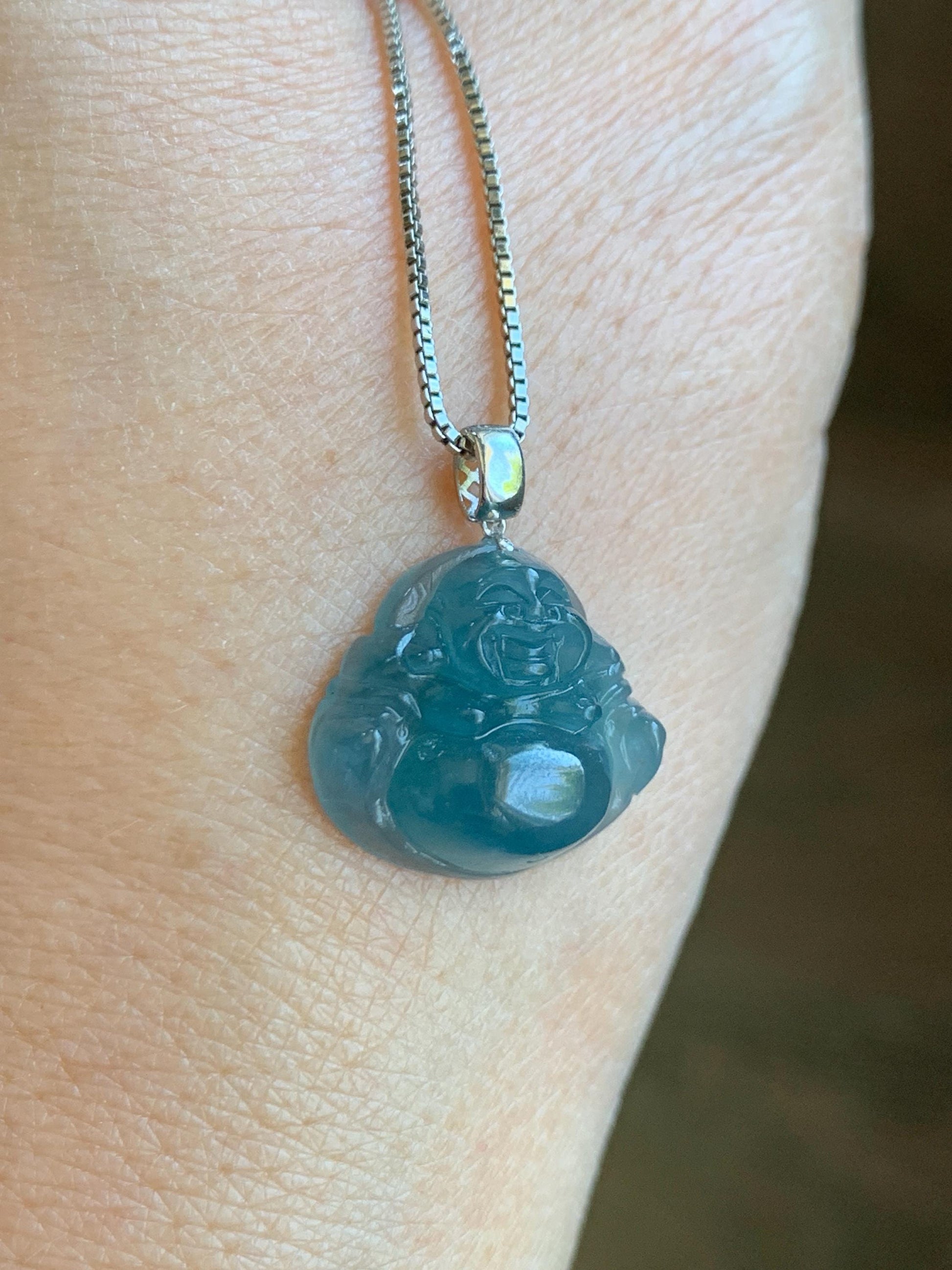 Natural Grade A Guatemalan Icy Translucent Gelatinous Deep Blue Jade Jadeite Buddha Petite Pendant 18K White Gold 天然冰危蓝翡翠小佛公镶嵌吊坠 XWLF-B