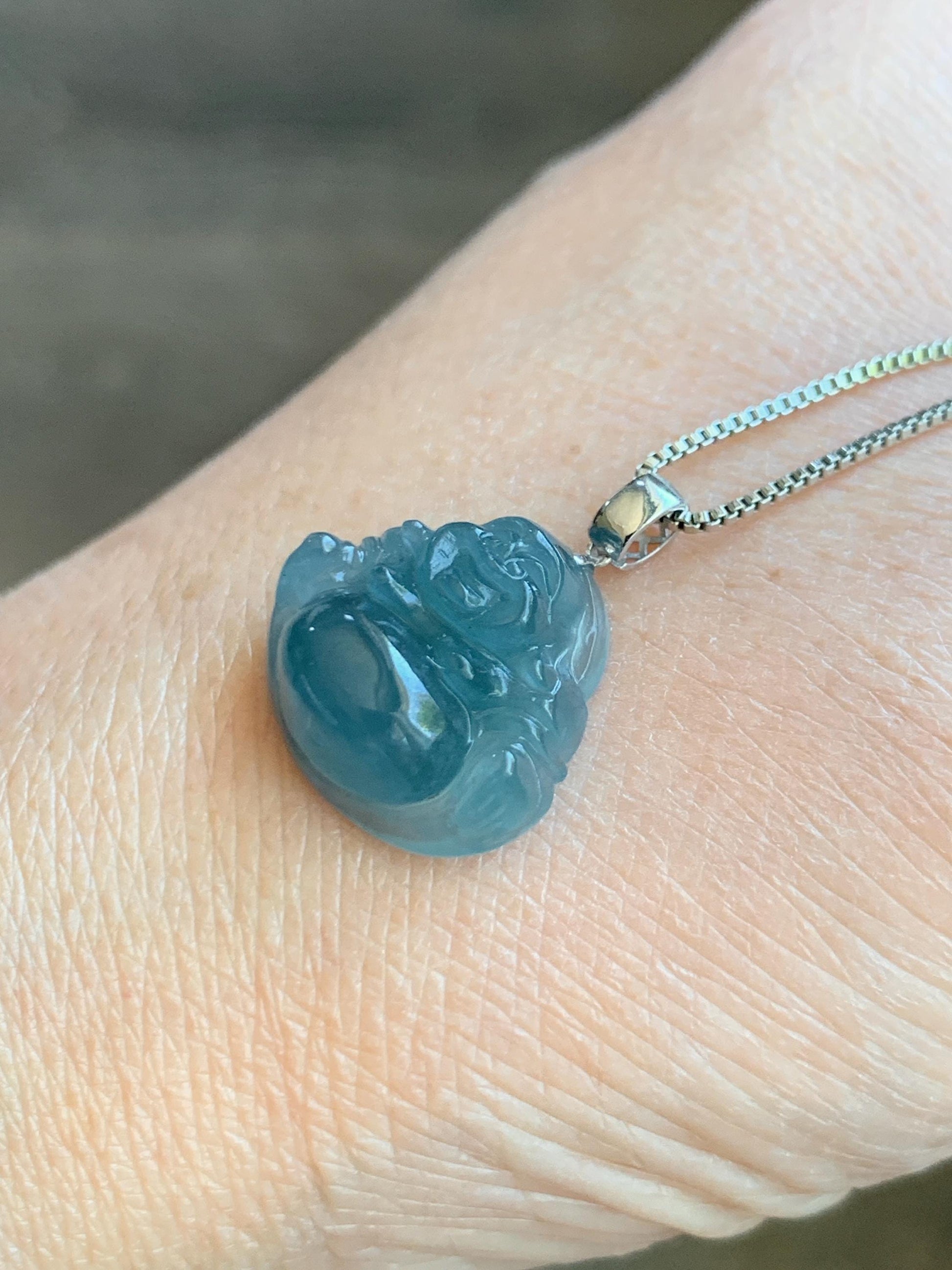 Natural Grade A Guatemalan Icy Translucent Gelatinous Deep Blue Jade Jadeite Buddha Petite Pendant 18K White Gold 天然冰危蓝翡翠小佛公镶嵌吊坠 XWLF-B