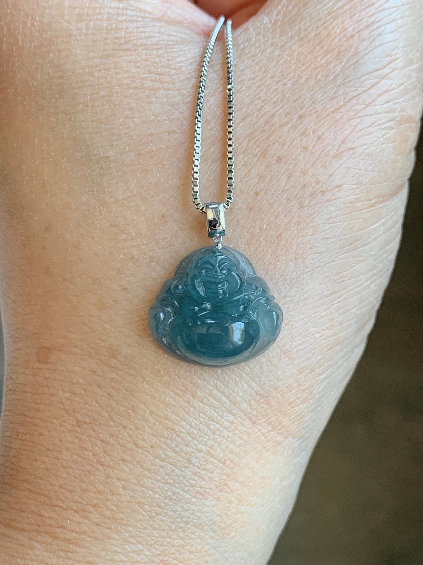Natural Grade A Guatemalan Icy Translucent Gelatinous Deep Blue Jade Jadeite Buddha Petite Pendant 18K White Gold 天然冰危蓝翡翠小佛公镶嵌吊坠 XWLF-B