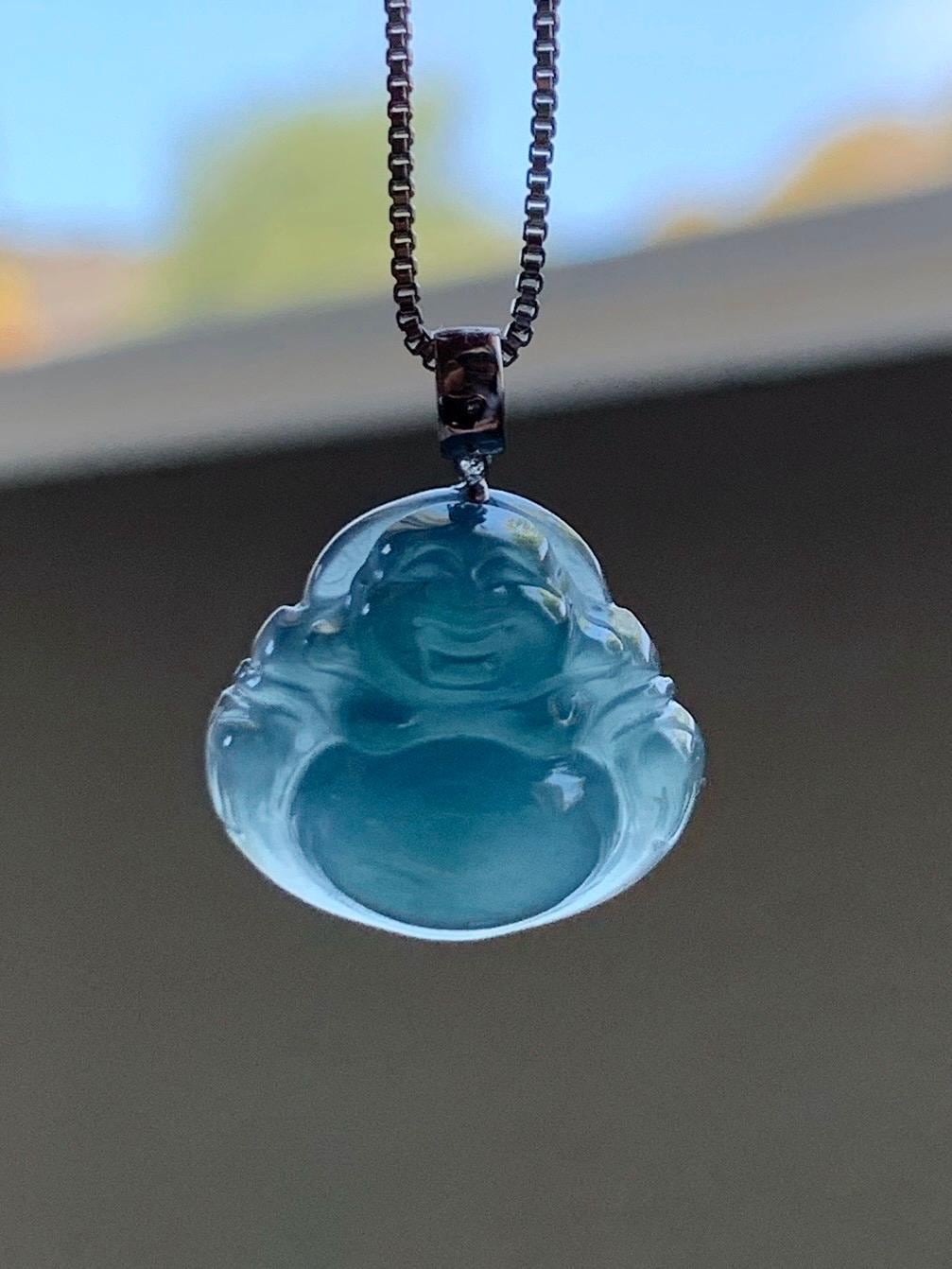 Natural Grade A Guatemalan Icy Translucent Gelatinous Deep Blue Jade Jadeite Buddha Petite Pendant 18K White Gold 天然冰危蓝翡翠小佛公镶嵌吊坠 XWLF-B