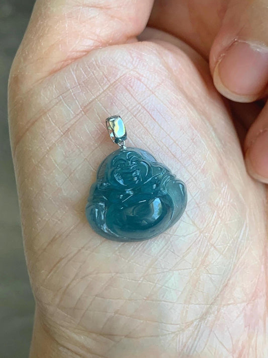 Natural Grade A Guatemalan Icy Translucent Gelatinous Deep Blue Jade Jadeite Buddha Petite Pendant 18K White Gold 天然冰危蓝翡翠小佛公镶嵌吊坠 XWLF-B