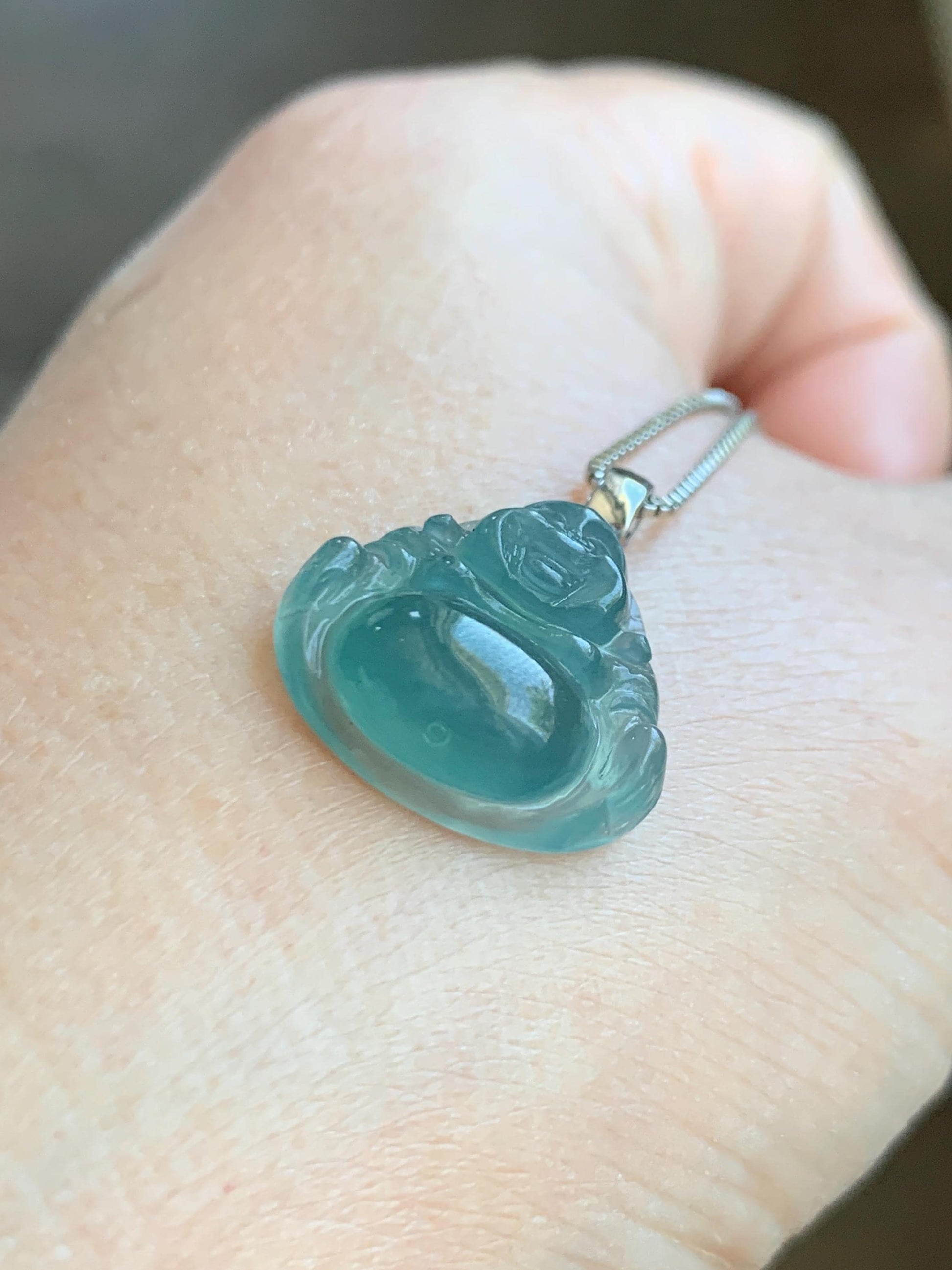 Natural Grade A Guatemalan Icy Translucent Gelatinous Teal Jade Jadeite Buddha Petite Pendant 18K White Gold 天然冰危蓝绿翡翠小佛公镶嵌吊坠 XWLF-C