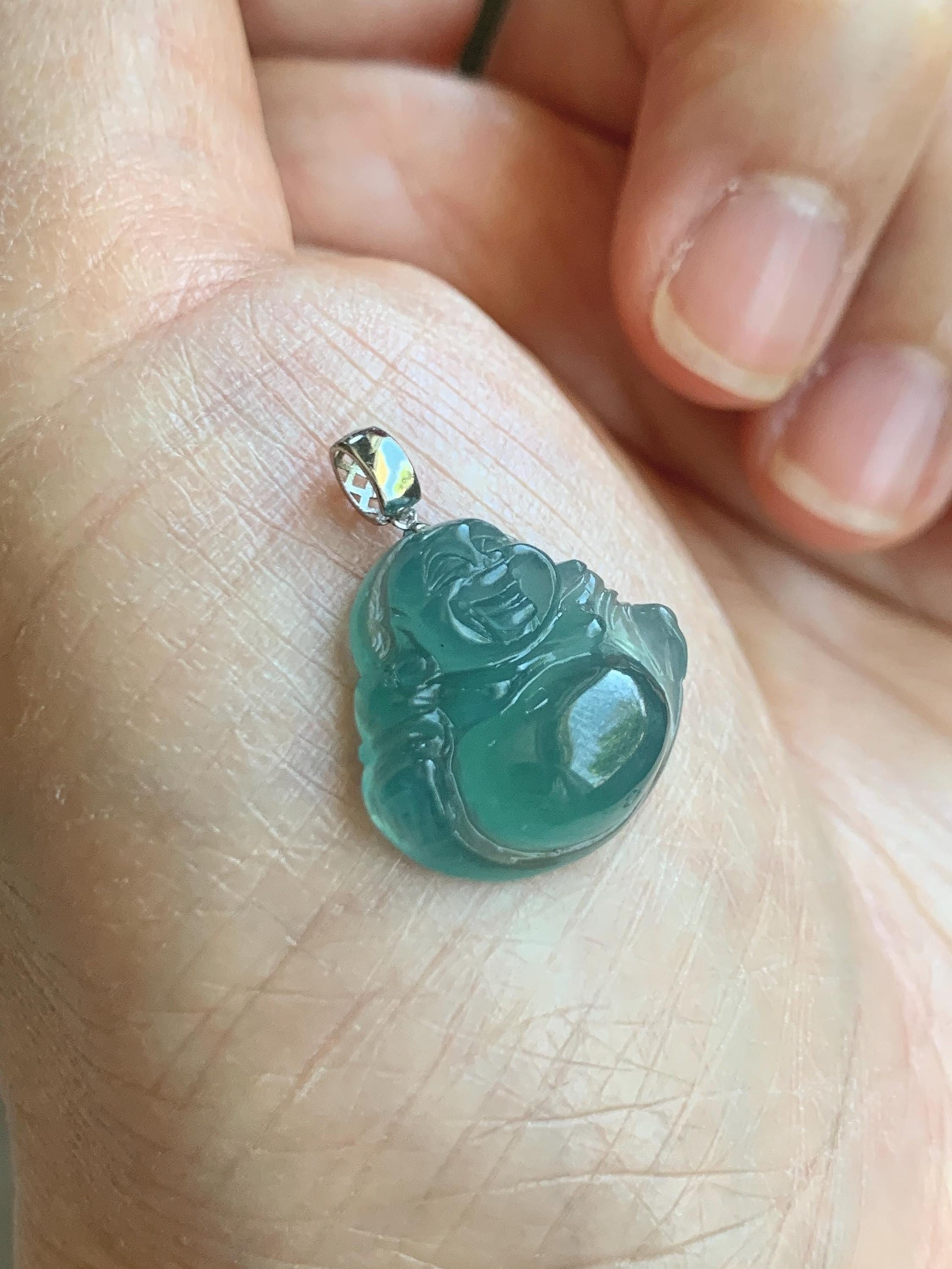 Natural Grade A Guatemalan Icy Translucent Gelatinous Teal Jade Jadeite Buddha Petite Pendant 18K White Gold 天然冰危蓝绿翡翠小佛公镶嵌吊坠 XWLF-C