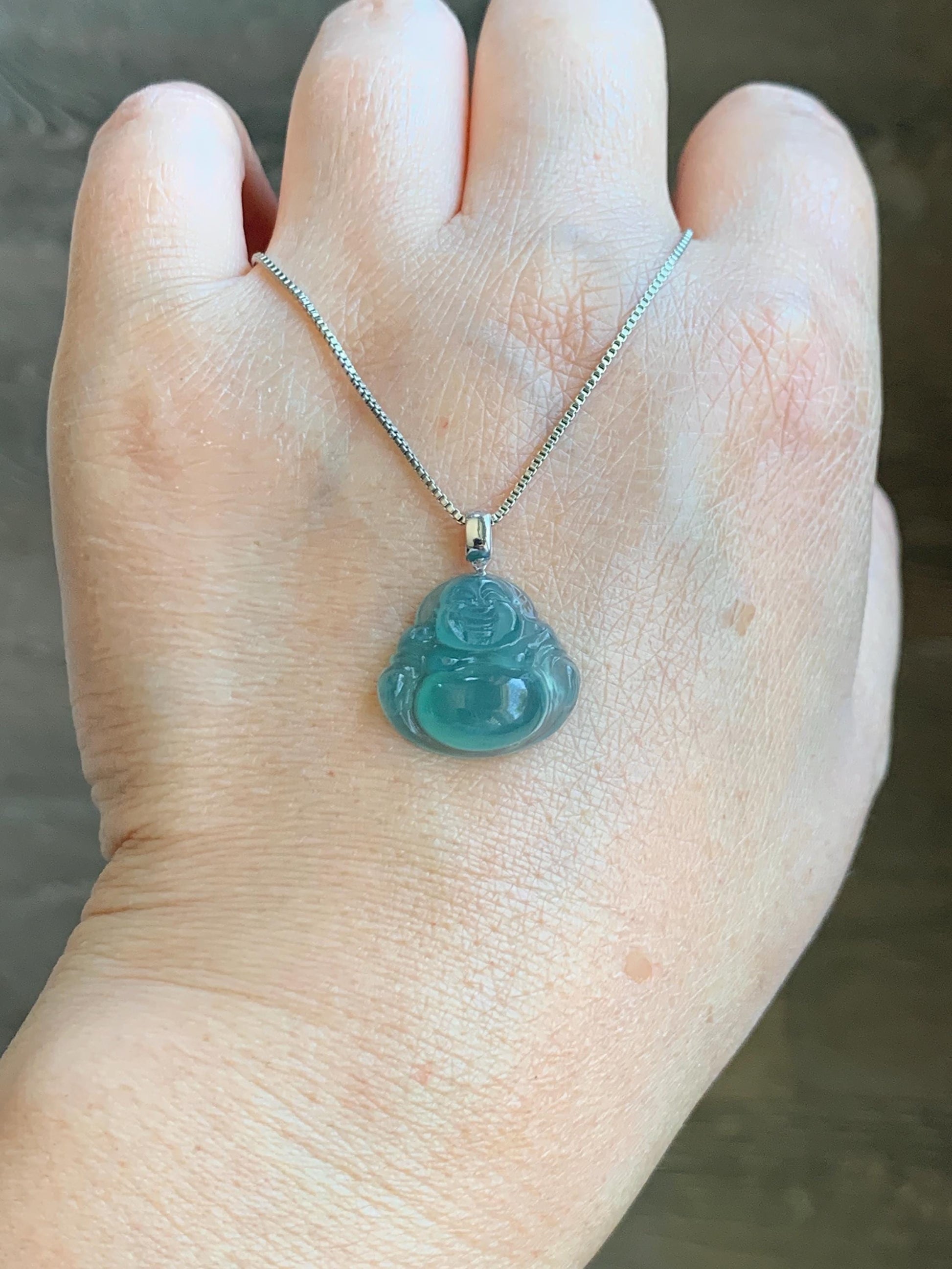 Natural Grade A Guatemalan Icy Translucent Gelatinous Teal Jade Jadeite Buddha Petite Pendant 18K White Gold 天然冰危蓝绿翡翠小佛公镶嵌吊坠 XWLF-C