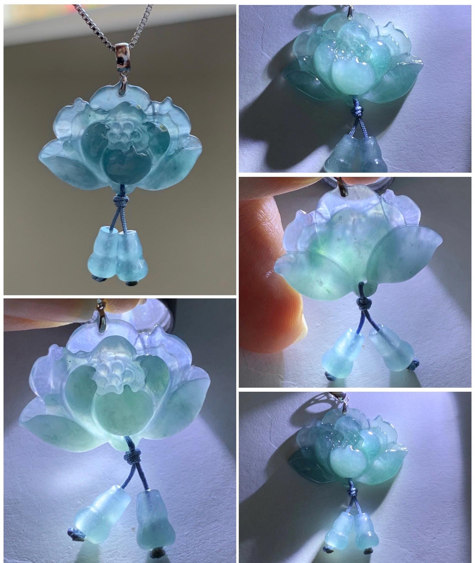 Natural Grade A Guatemalan Icy Highly Translucent Dusty Blue Jade Jadeite Lotus Flower Gourd Pendant 18K White Gold 天然冰危蓝翡翠莲花葫芦吊坠 LHW250