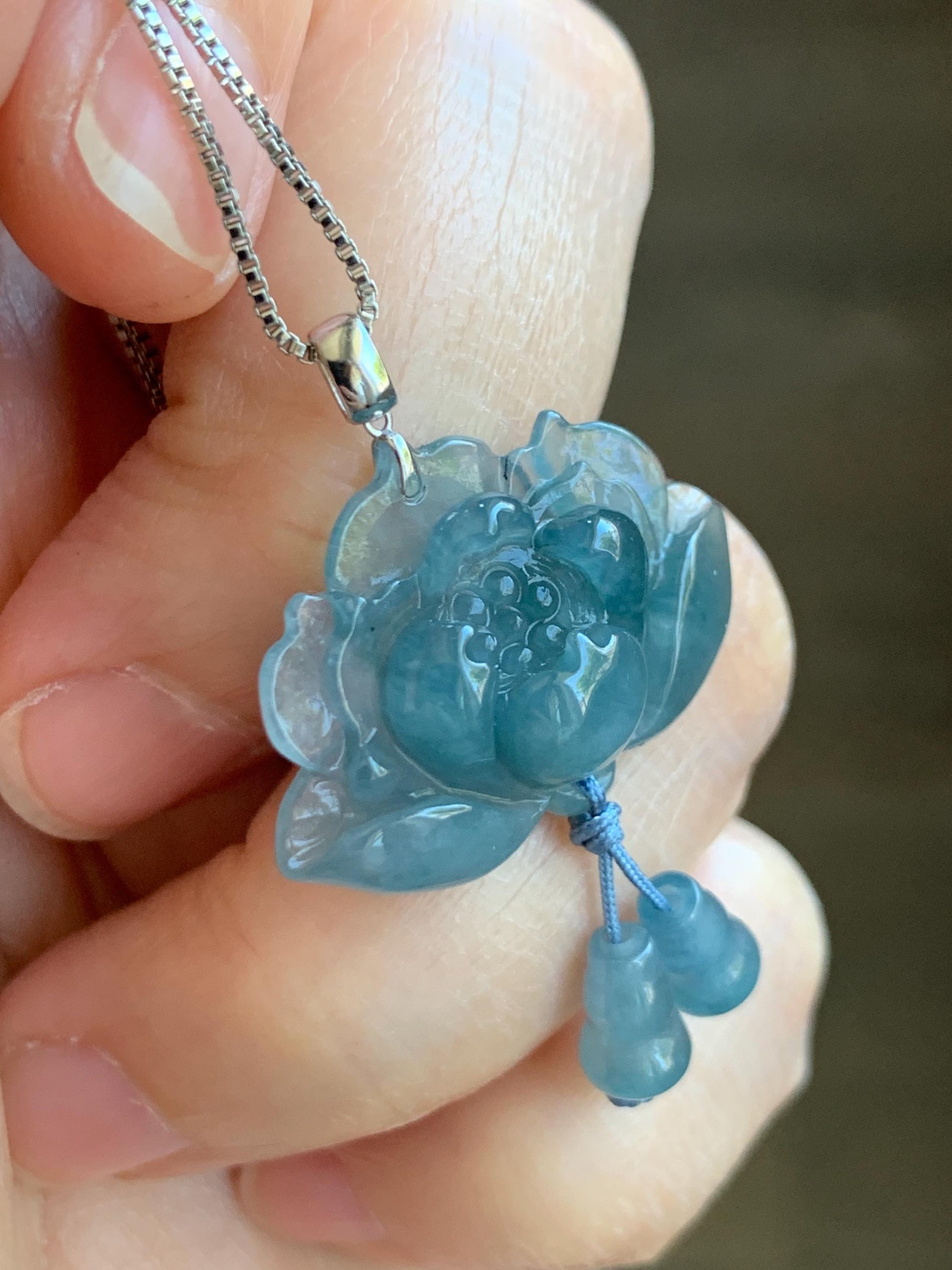 Natural Grade A Guatemalan Icy Highly Translucent Dusty Blue Jade Jadeite Lotus Flower Gourd Pendant 18K White Gold 天然冰危蓝翡翠莲花葫芦吊坠 LHW250