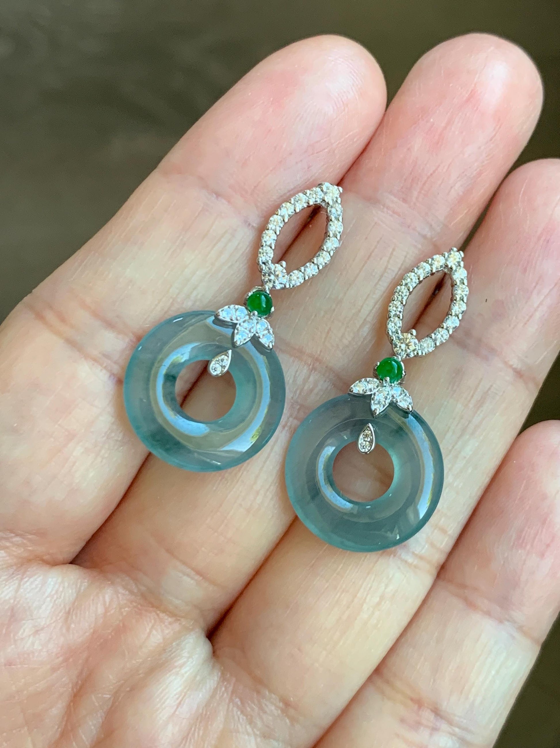 Natural Guatemalan Icy Highly Translucent Dusty Teal Blue Jade Jadeite Ping An Kou Donut Stud Earrings Sterling Silver 天然冰危蓝翡翠平安扣银耳钉 WPD110