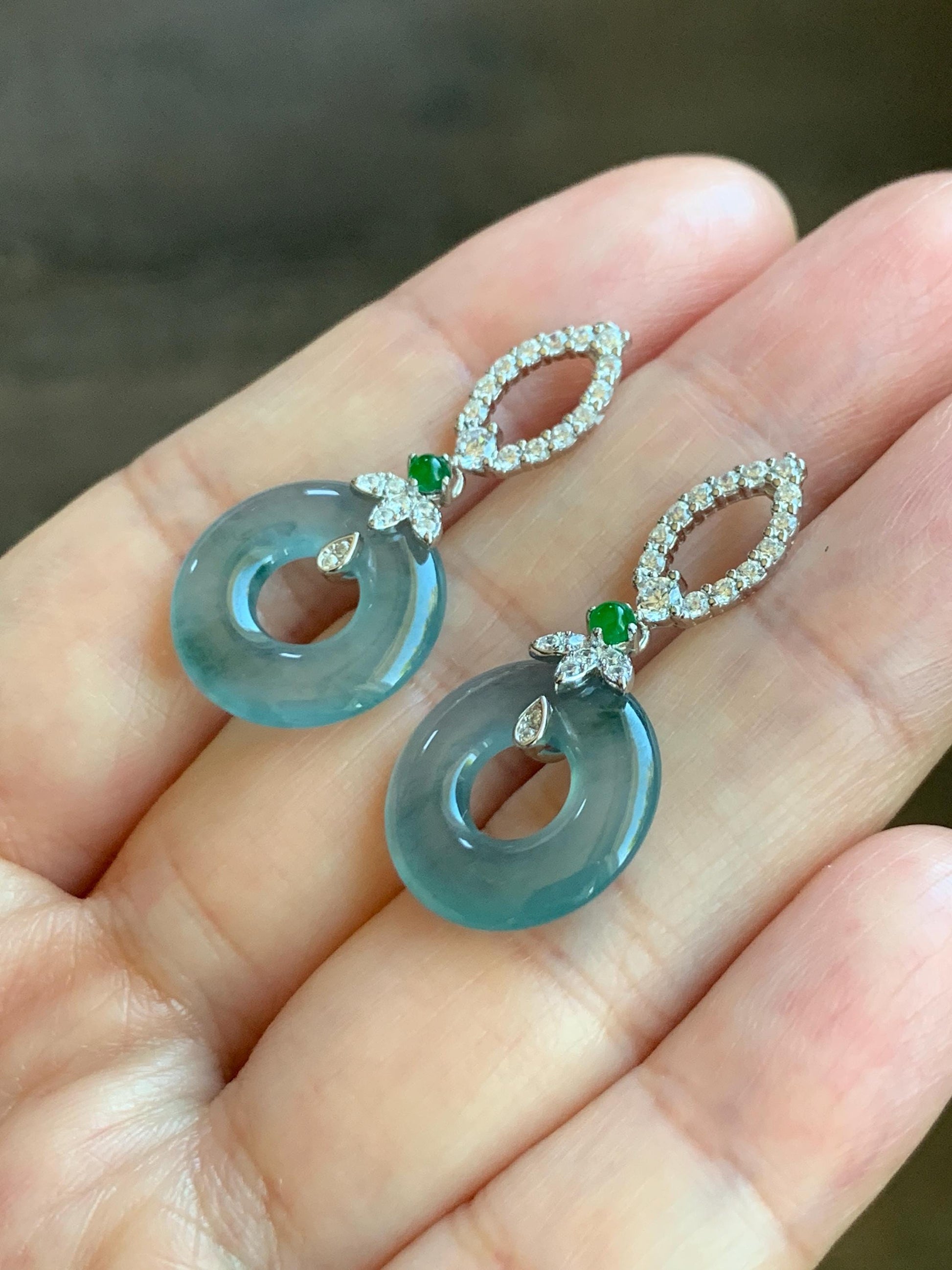 Natural Guatemalan Icy Highly Translucent Dusty Teal Blue Jade Jadeite Ping An Kou Donut Stud Earrings Sterling Silver 天然冰危蓝翡翠平安扣银耳钉 WPD110