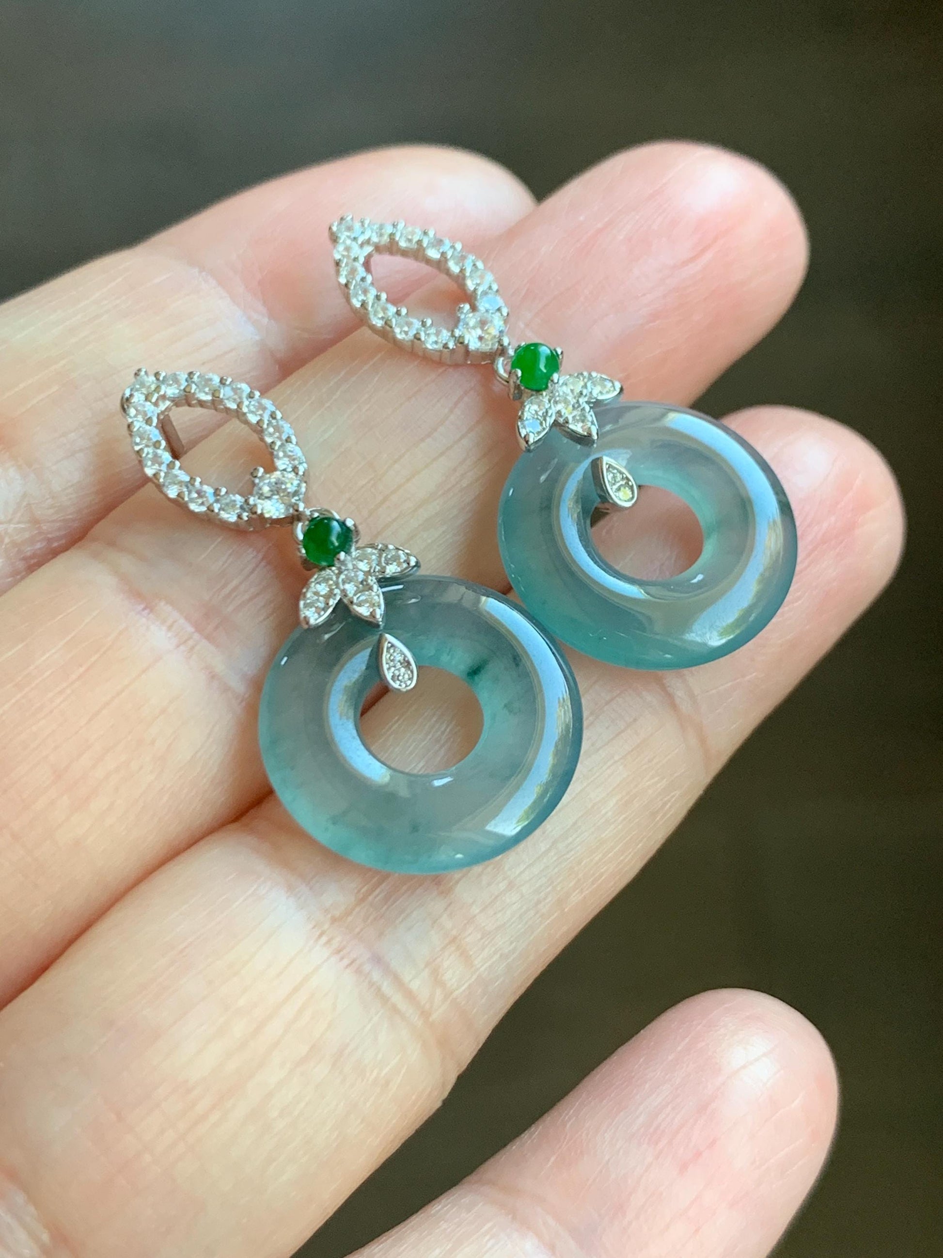 Natural Guatemalan Icy Highly Translucent Dusty Teal Blue Jade Jadeite Ping An Kou Donut Stud Earrings Sterling Silver 天然冰危蓝翡翠平安扣银耳钉 WPD110