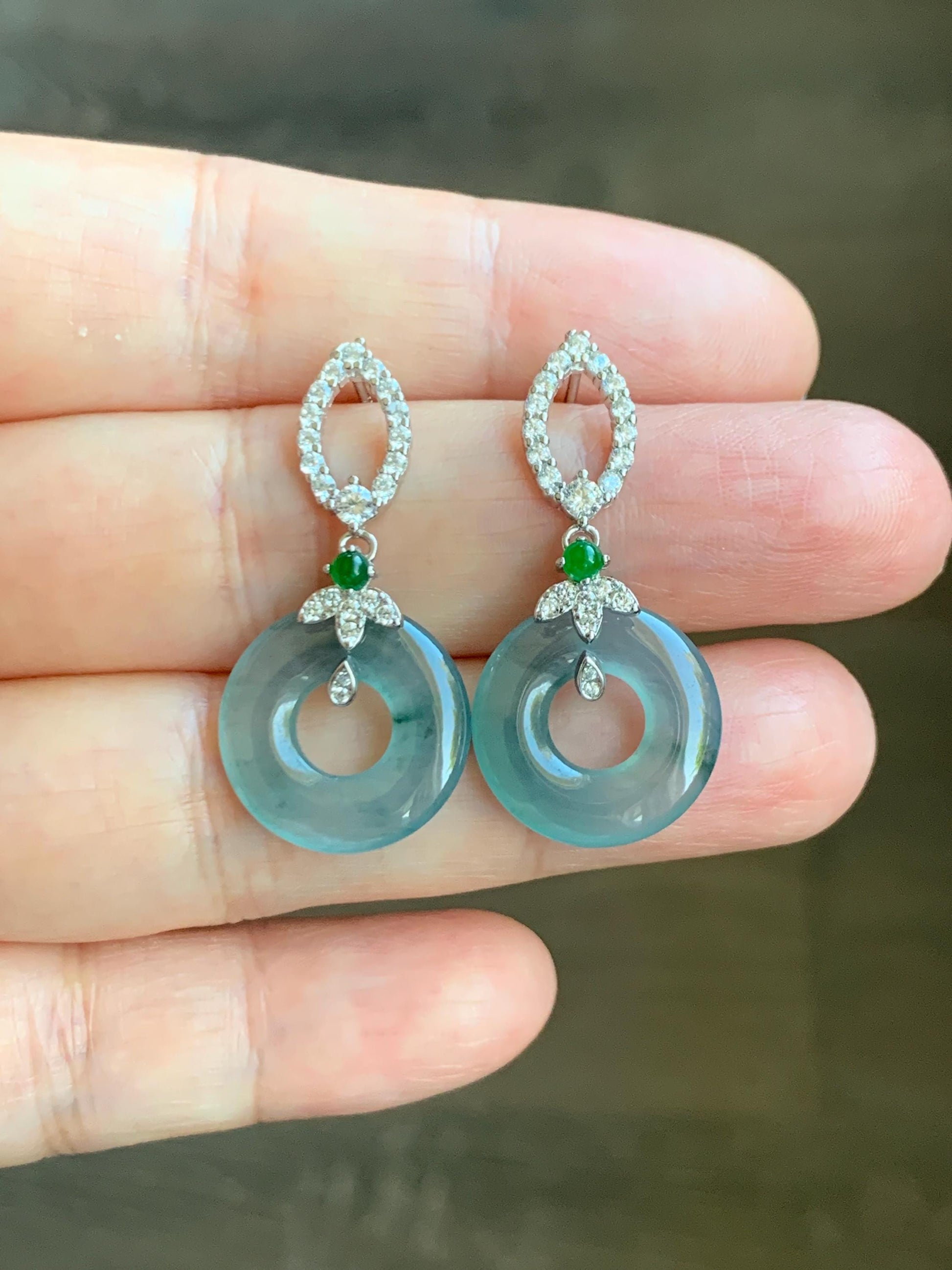 Natural Guatemalan Icy Highly Translucent Dusty Teal Blue Jade Jadeite Ping An Kou Donut Stud Earrings Sterling Silver 天然冰危蓝翡翠平安扣银耳钉 WPD110