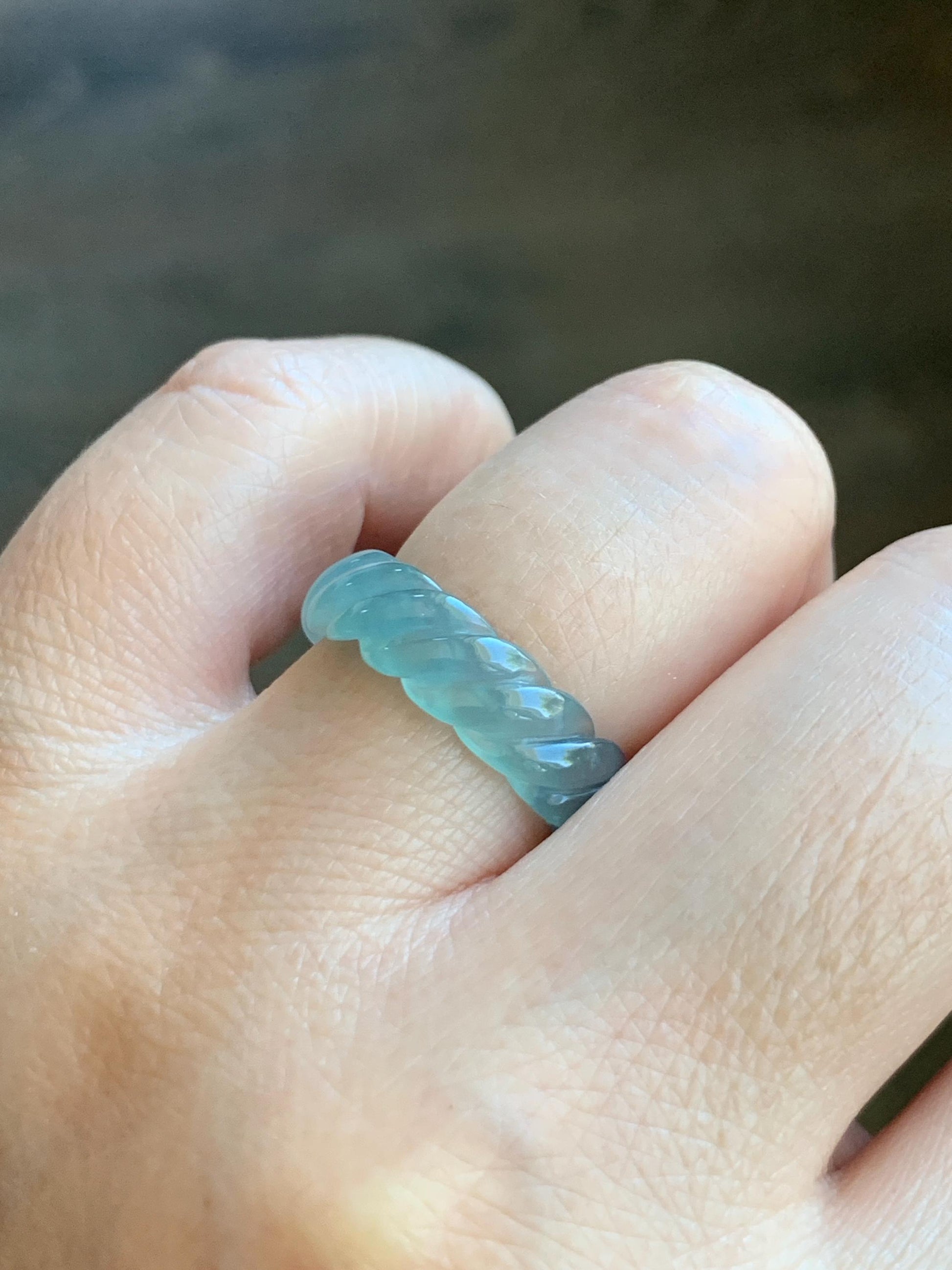 Natural Grade A Guatemalan Icy Highly Translucent Gelatinous Light Teal Jade Jadeite Carved Braid Band Ring Size 6.75 天然高冰危浅蓝绿翡翠麻花戒圈 MHW110A