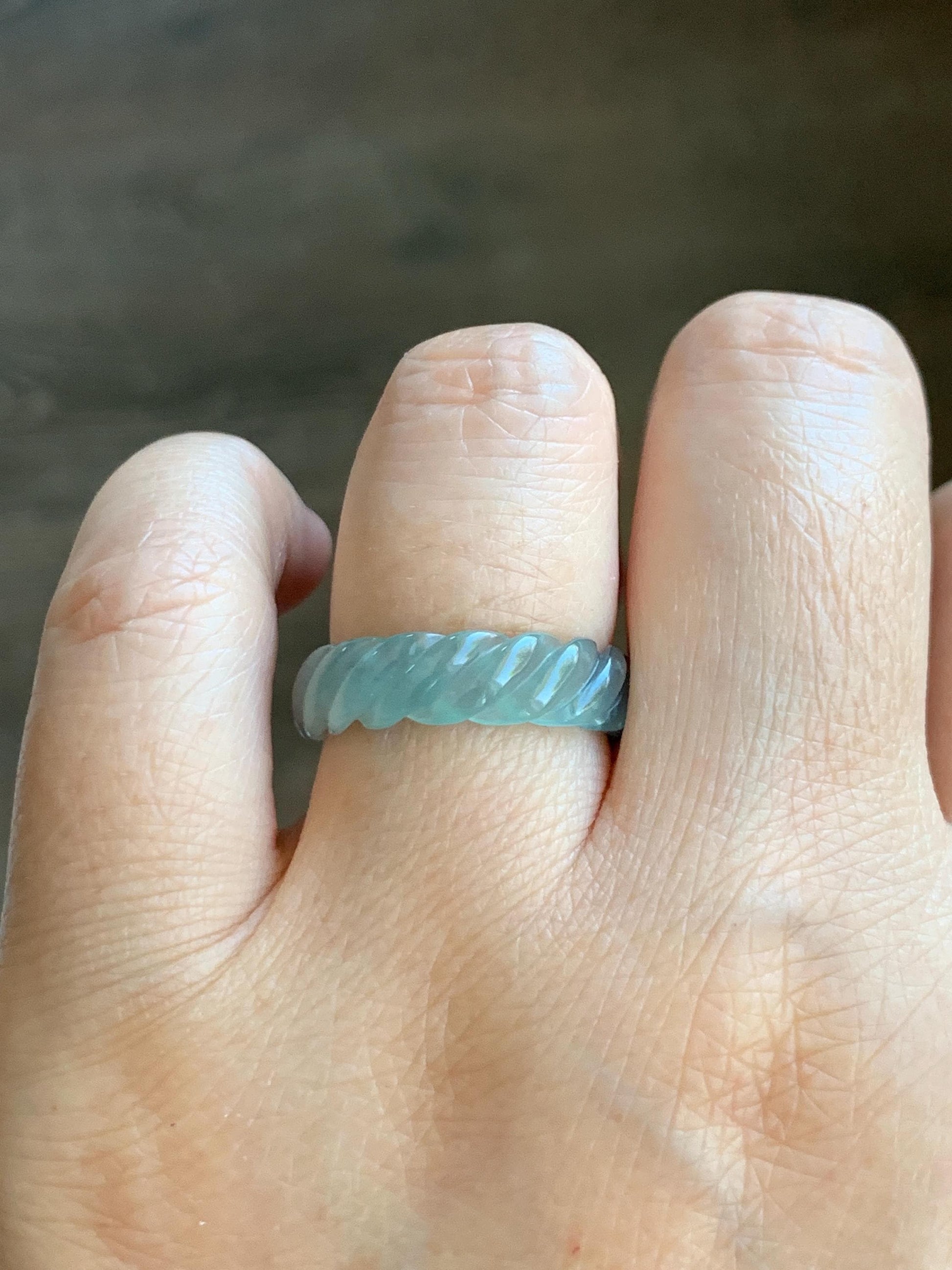 Natural Grade A Guatemalan Icy Highly Translucent Gelatinous Light Teal Jade Jadeite Carved Braid Band Ring Size 6.75 天然高冰危浅蓝绿翡翠麻花戒圈 MHW110A
