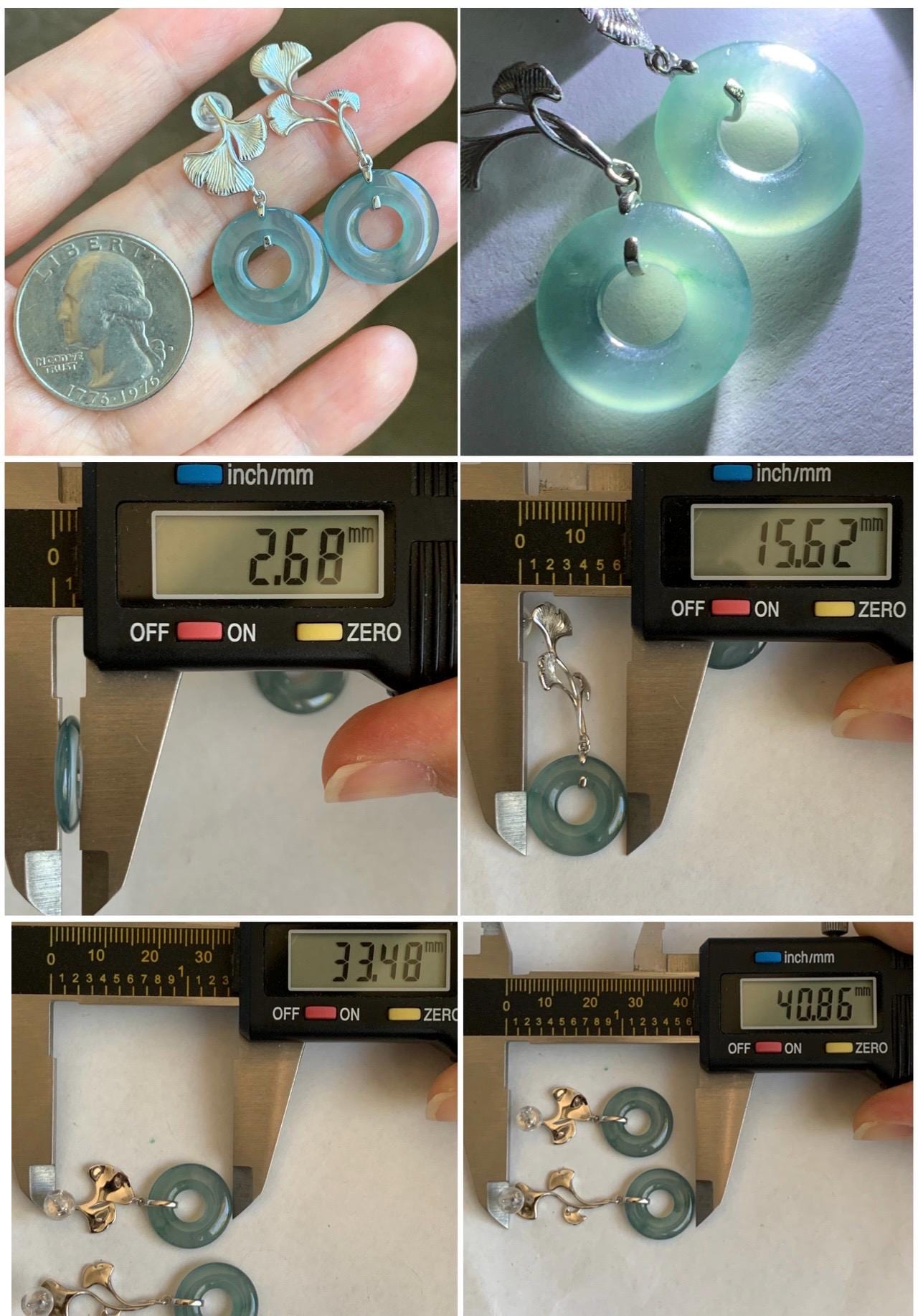Natural Guatemalan Icy Highly Translucent Light Teal Jade Jadeite Ping An Kou Donut Stud Earrings Sterling Silver 天然冰危蓝绿翡翠平安扣银杏叶AB款耳钉 YAB110