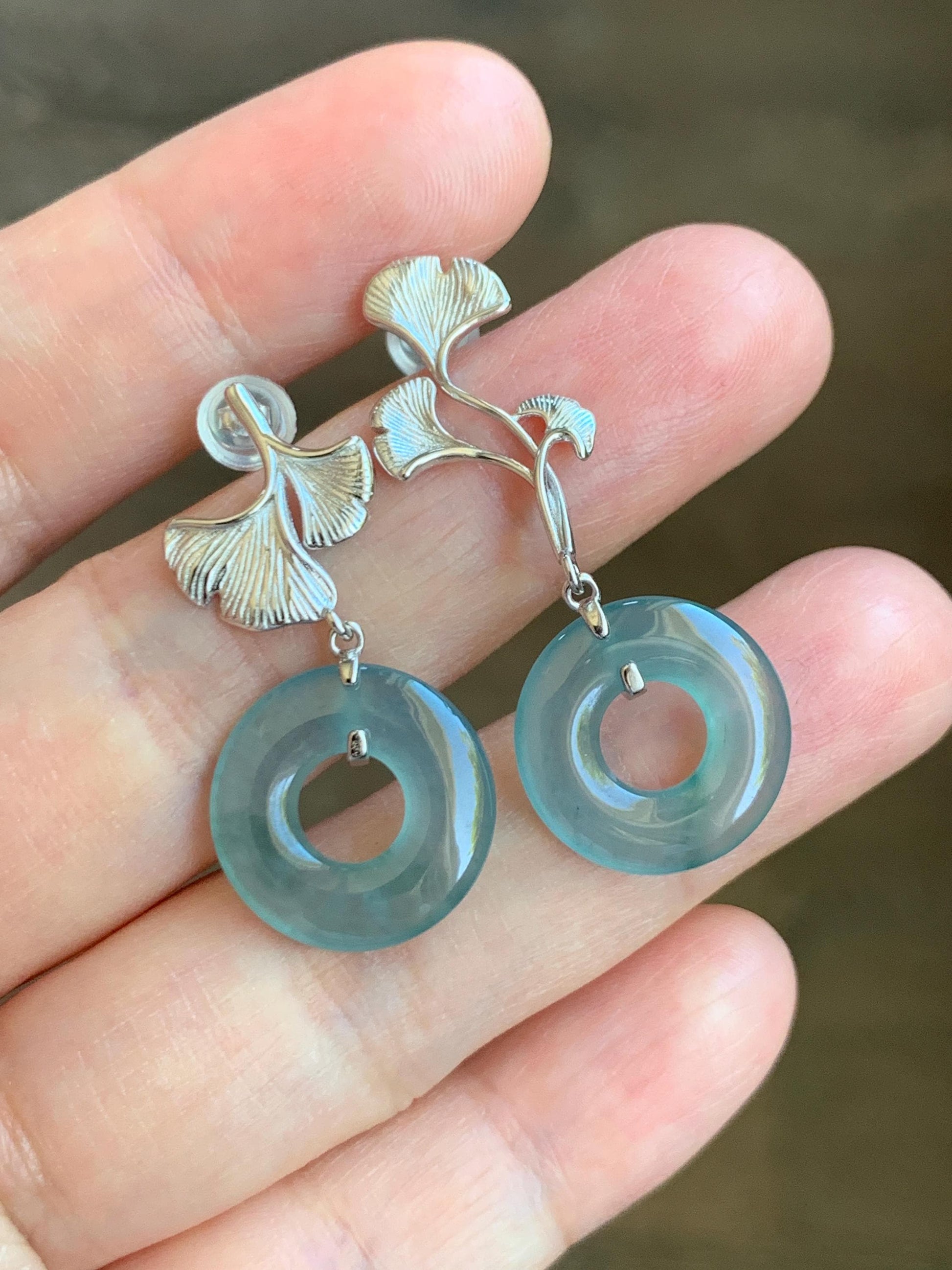 Natural Guatemalan Icy Highly Translucent Light Teal Jade Jadeite Ping An Kou Donut Stud Earrings Sterling Silver 天然冰危蓝绿翡翠平安扣银杏叶AB款耳钉 YAB110