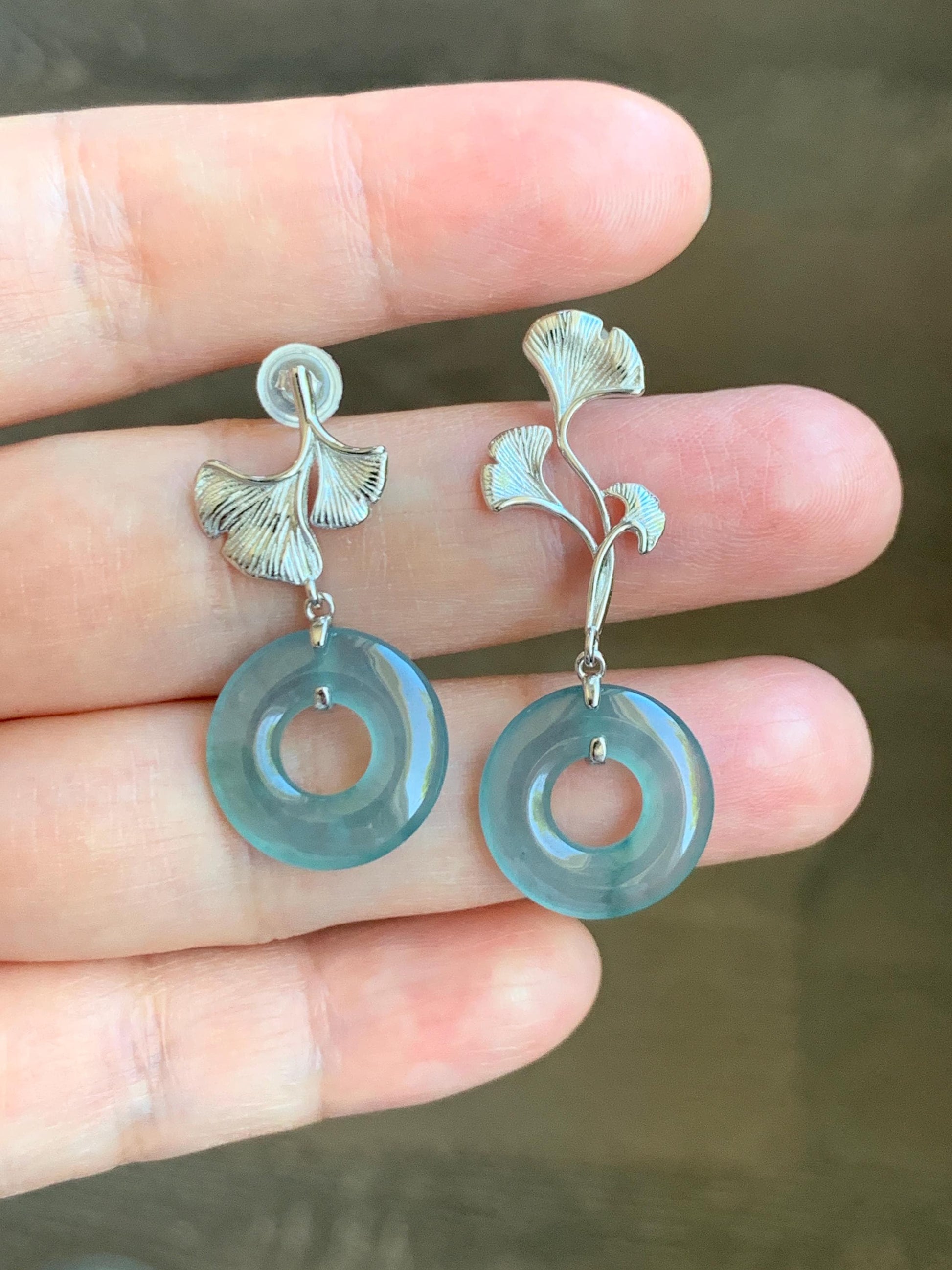 Natural Guatemalan Icy Highly Translucent Light Teal Jade Jadeite Ping An Kou Donut Stud Earrings Sterling Silver 天然冰危蓝绿翡翠平安扣银杏叶AB款耳钉 YAB110