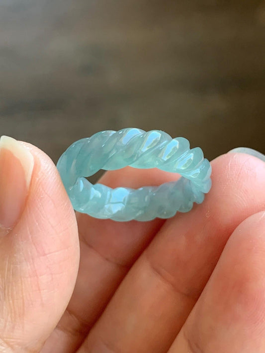 Natural Grade A Guatemalan Icy Highly Translucent Gelatinous Light Teal Jade Jadeite Carved Braid Band Ring Size 8.25 天然高冰危浅蓝绿翡翠麻花戒圈 MHW110B