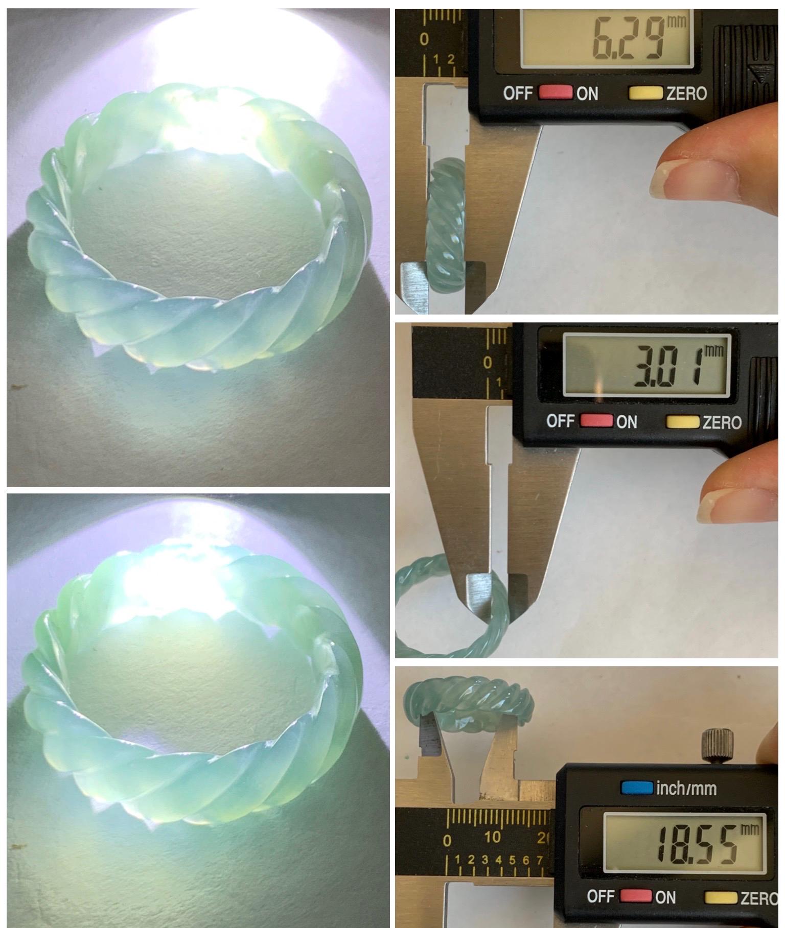Natural Grade A Guatemalan Icy Highly Translucent Gelatinous Light Teal Jade Jadeite Carved Braid Band Ring Size 8.25 天然高冰危浅蓝绿翡翠麻花戒圈 MHW110B