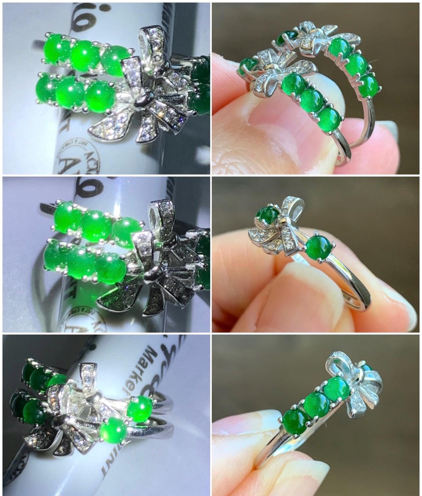 Natural Grade A Guatemalan Icy Translucent Vibrant Green Jade Jadeite Bow Design Sterling Silver Ring 天然冰危绿翡翠蝴蝶结款银镶戒指 LHD110