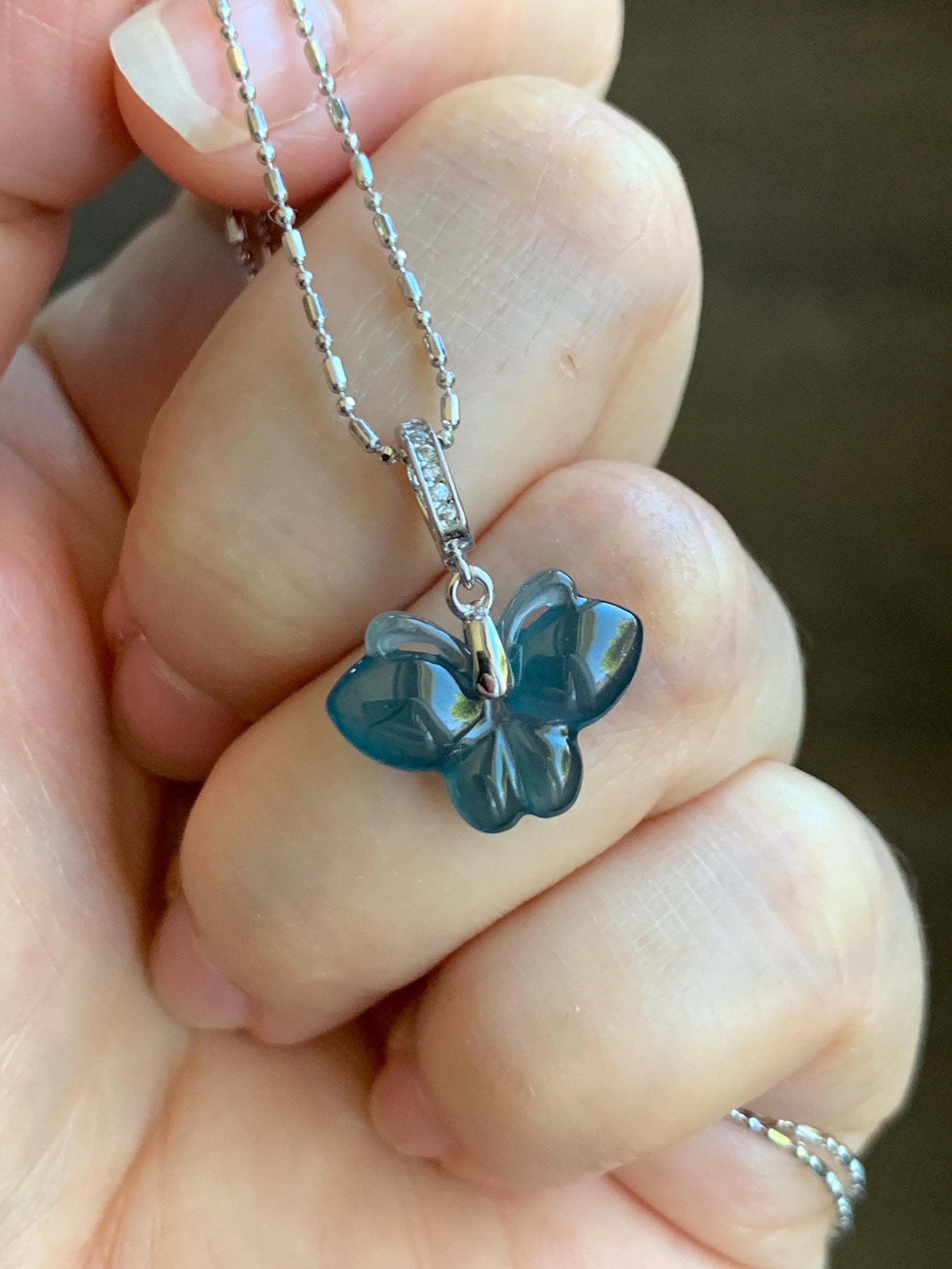 Natural Grade A Guatemalan Icy Highly Translucent Aegean Blue Jade Jadeite Butterfly Charm Pendant Sterling Silver 天然冰危牛仔蓝翡翠蝴蝶吊坠 HDS120