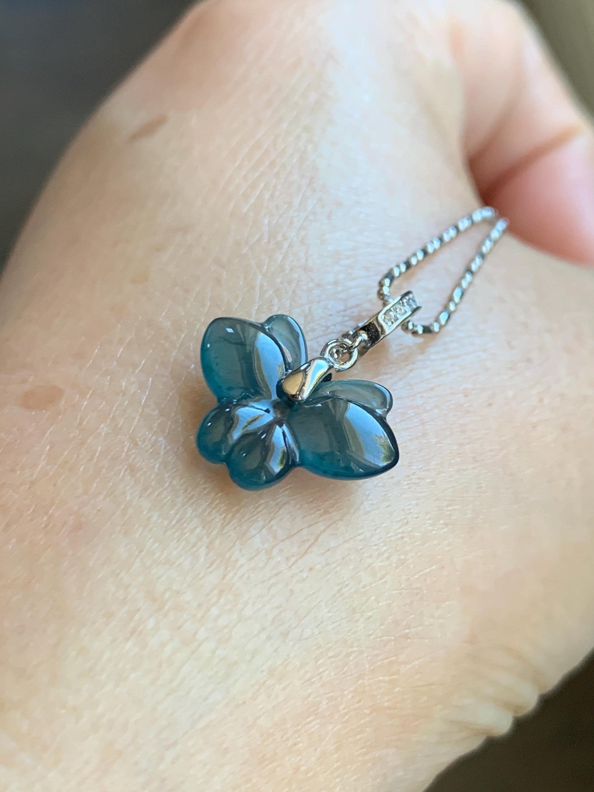 Natural Grade A Guatemalan Icy Highly Translucent Aegean Blue Jade Jadeite Butterfly Charm Pendant Sterling Silver 天然冰危牛仔蓝翡翠蝴蝶吊坠 HDS120