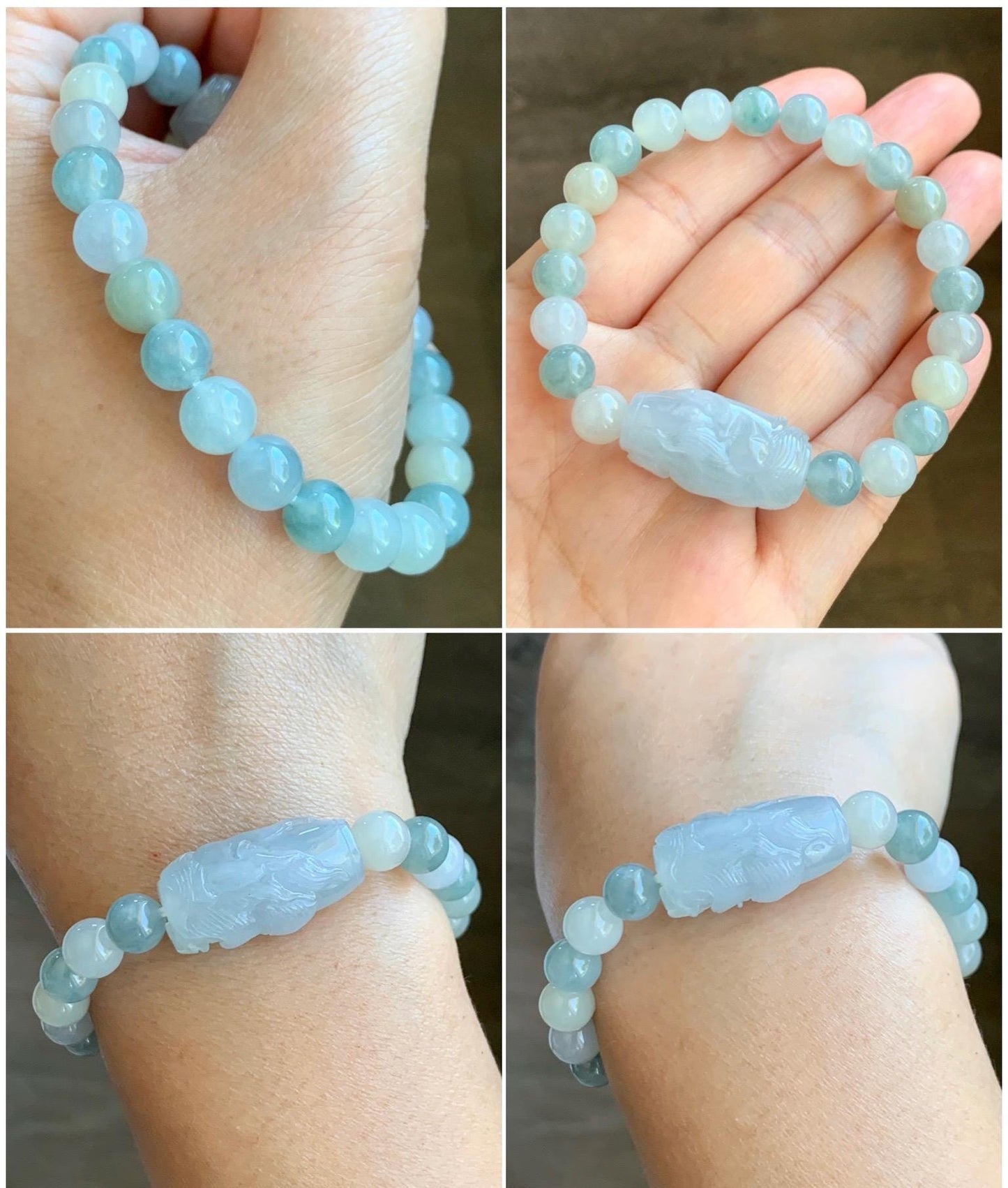 Natural Grade A Icy Translucent Pastel Blue Jade Jadeite Carved Nine-Tailed Fox Multicolored Beaded Bracelet 7” 25g 天然冰胶淡蓝翡翠九尾狐珠多宝手串 MDBH395