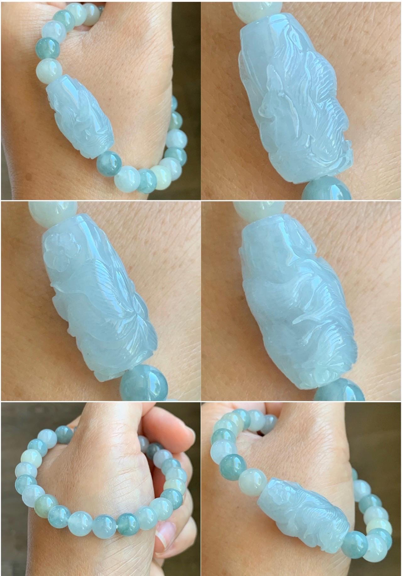 Natural Grade A Icy Translucent Pastel Blue Jade Jadeite Carved Nine-Tailed Fox Multicolored Beaded Bracelet 7” 25g 天然冰胶淡蓝翡翠九尾狐珠多宝手串 MDBH395
