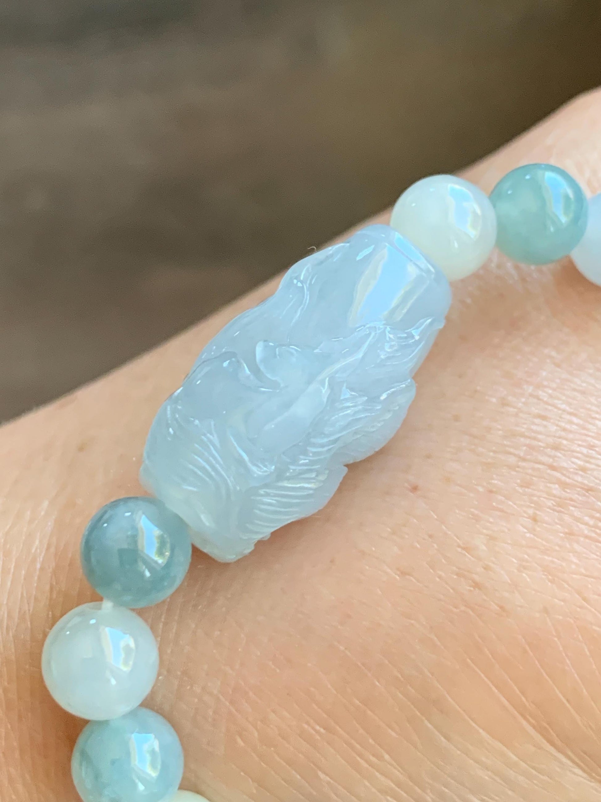 Natural Grade A Icy Translucent Pastel Blue Jade Jadeite Carved Nine-Tailed Fox Multicolored Beaded Bracelet 7” 25g 天然冰胶淡蓝翡翠九尾狐珠多宝手串 MDBH395