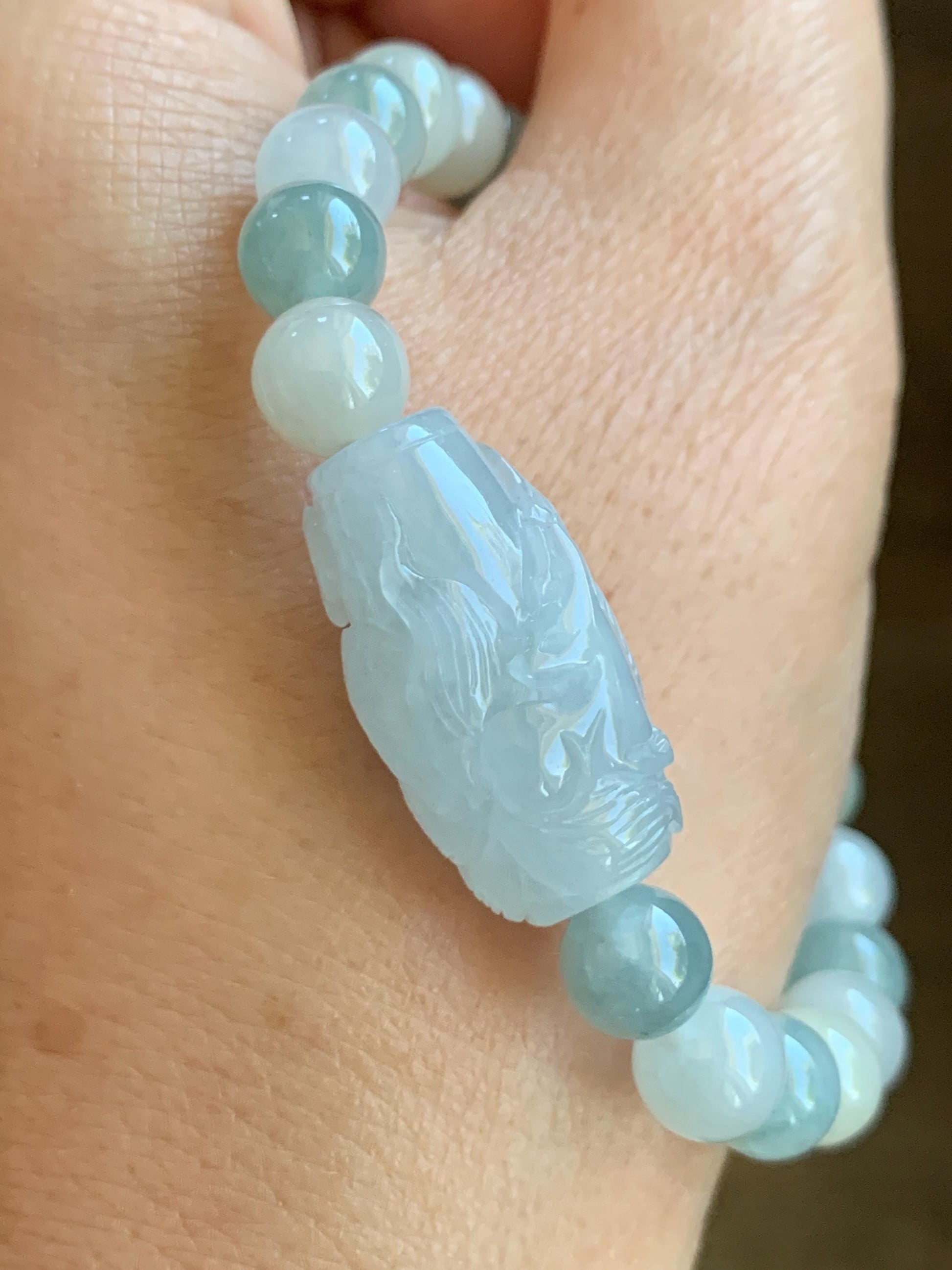 Natural Grade A Icy Translucent Pastel Blue Jade Jadeite Carved Nine-Tailed Fox Multicolored Beaded Bracelet 7” 25g 天然冰胶淡蓝翡翠九尾狐珠多宝手串 MDBH395