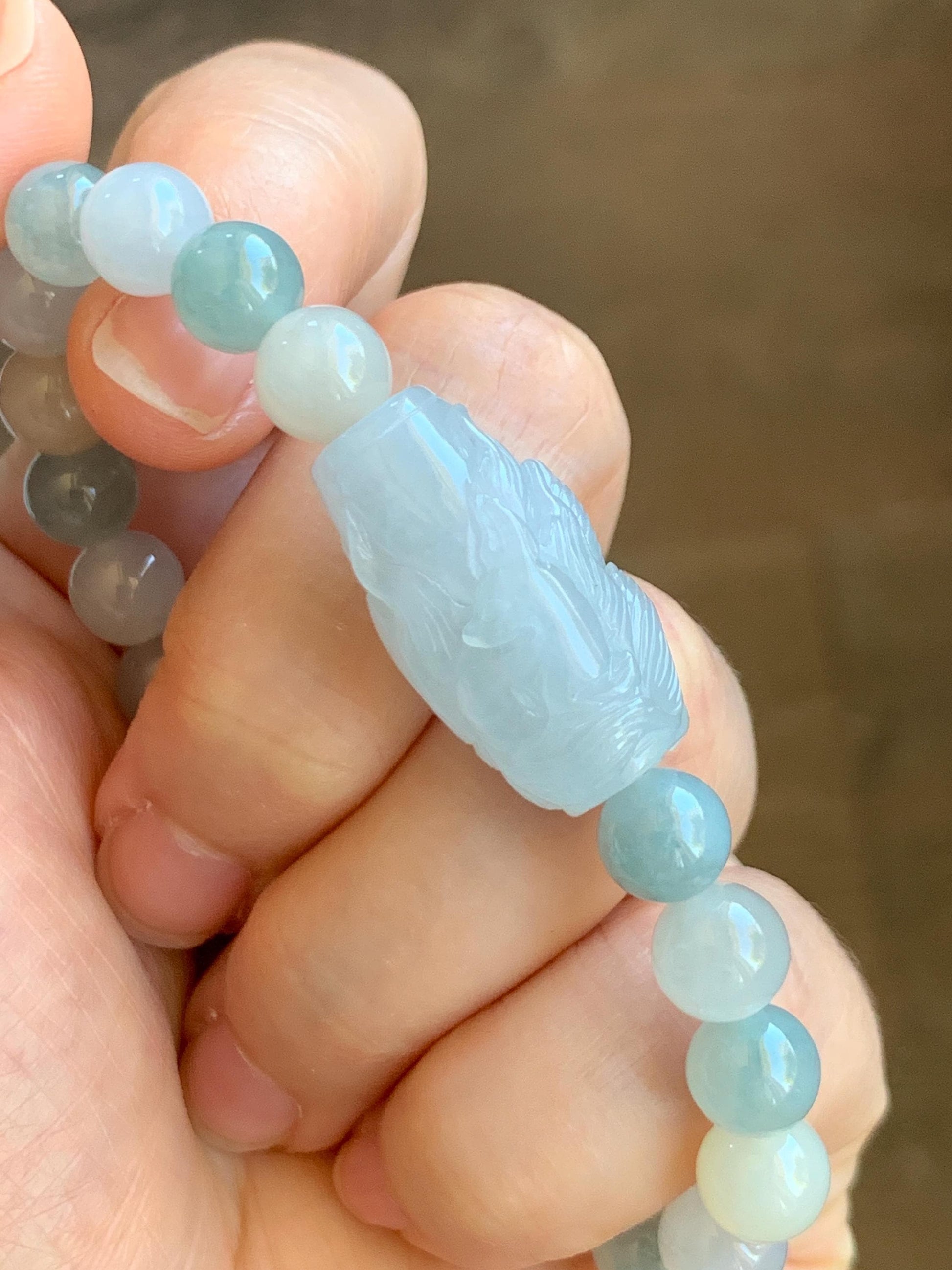 Natural Grade A Icy Translucent Pastel Blue Jade Jadeite Carved Nine-Tailed Fox Multicolored Beaded Bracelet 7” 25g 天然冰胶淡蓝翡翠九尾狐珠多宝手串 MDBH395