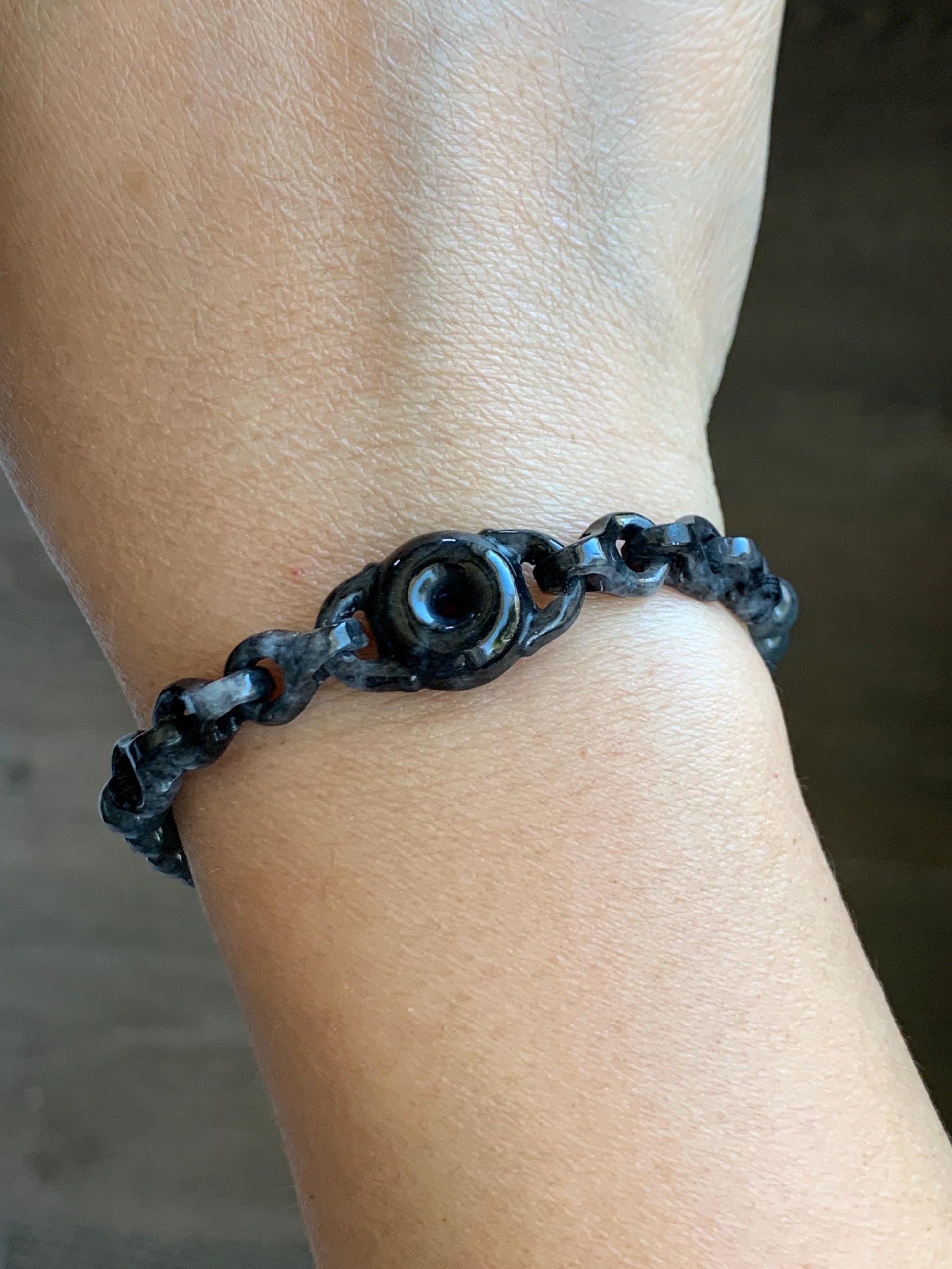 Natural Grade A Icy Translucent Wuji Jadeite Ping An Kou Donut Interlocking Chain Beaded Bracelet 7” Sterling Silver 天然乌鸡翡翠平安扣环环相扣手串 BWHH350