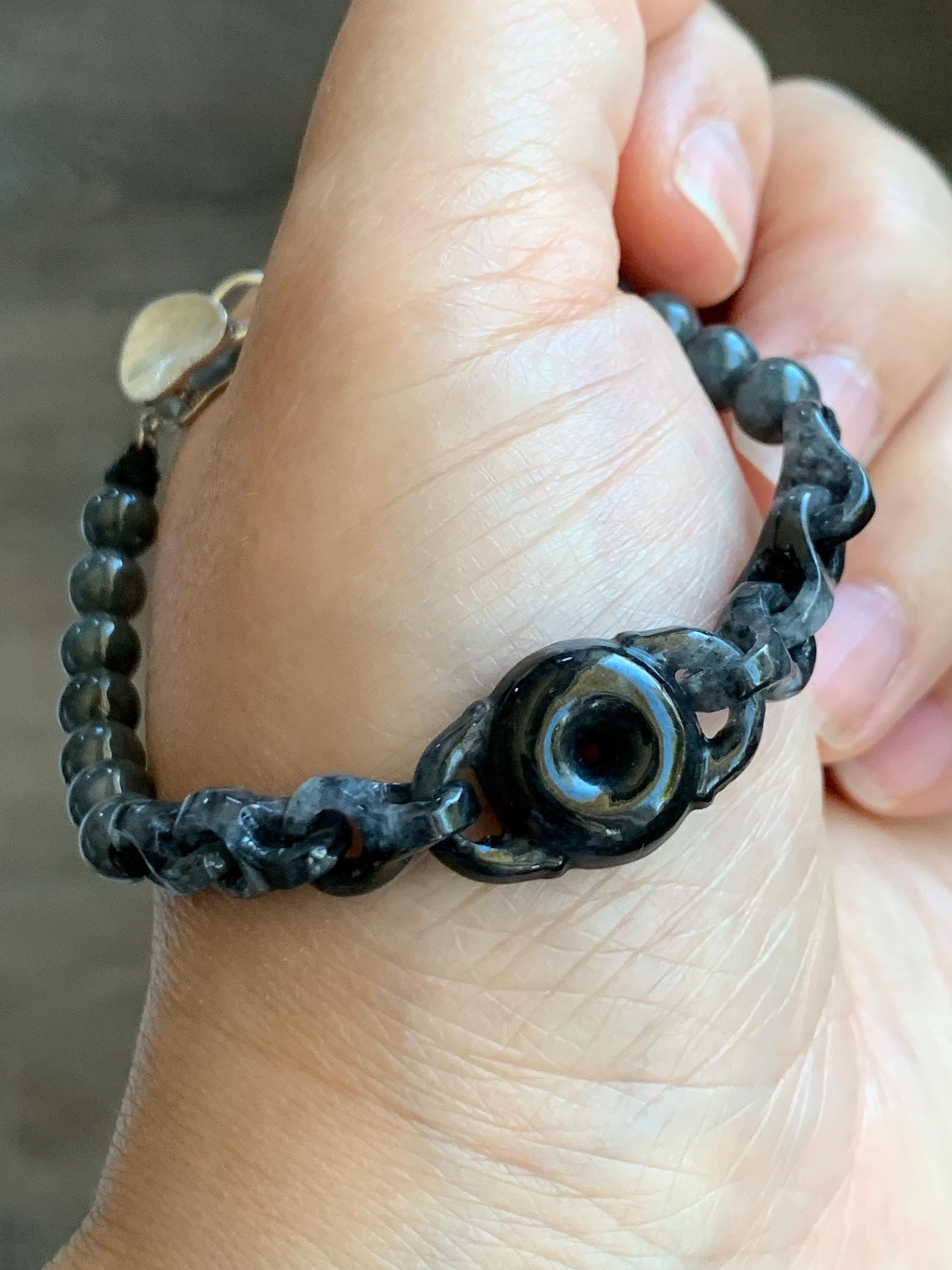 Natural Grade A Icy Translucent Wuji Jadeite Ping An Kou Donut Interlocking Chain Beaded Bracelet 7” Sterling Silver 天然乌鸡翡翠平安扣环环相扣手串 BWHH350