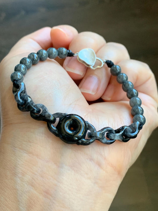 Natural Grade A Icy Translucent Wuji Jadeite Ping An Kou Donut Interlocking Chain Beaded Bracelet 7” Sterling Silver 天然乌鸡翡翠平安扣环环相扣手串 BWHH350