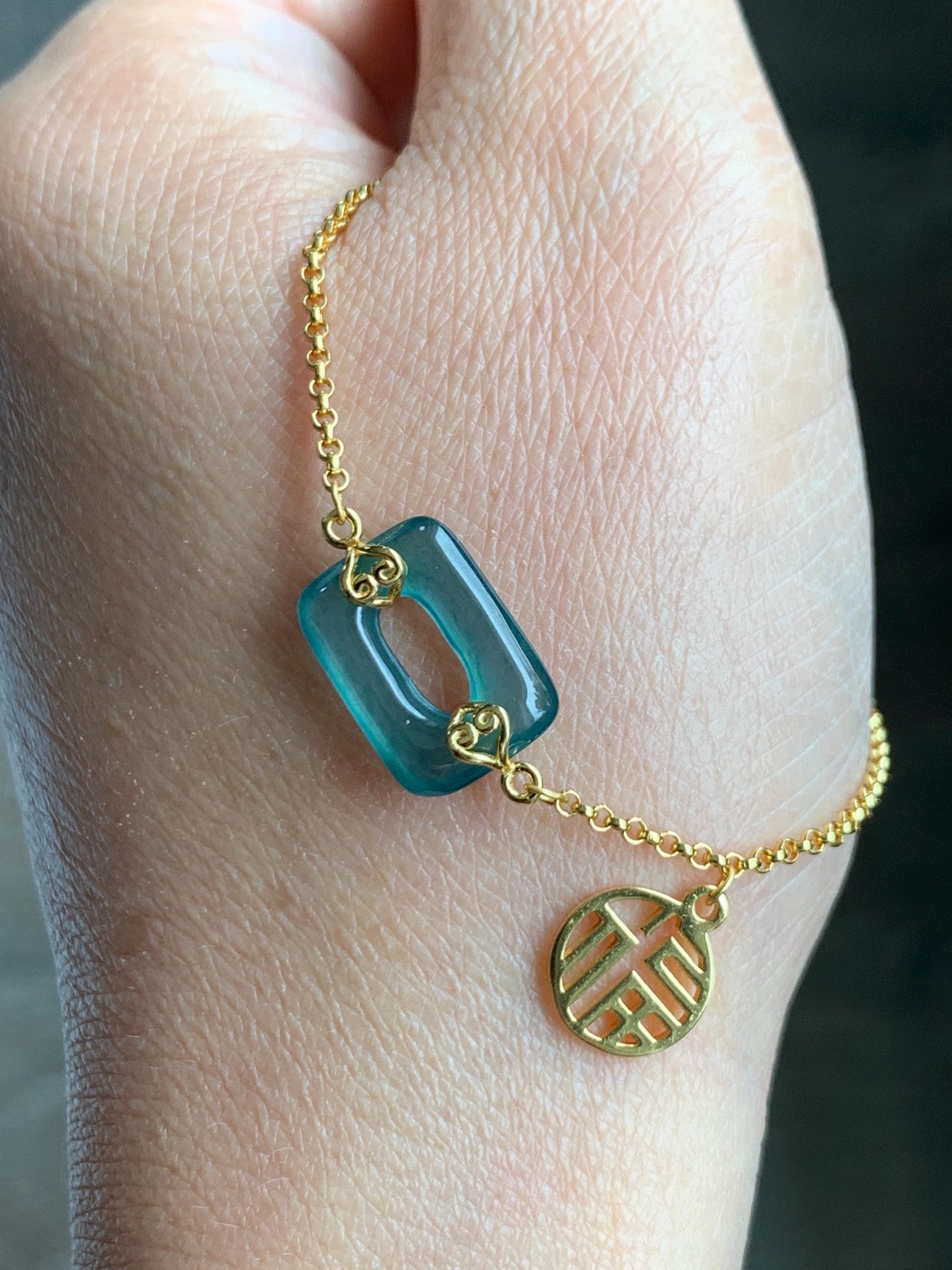 Natural Grade A Guatemalan Icy Translucent Vibrant Teal Blue Jadeite Ping An Kou Donut Chain Bracelet Sterling Silver 天然冰危蓝绿翡翠方扣银手链 FKL140