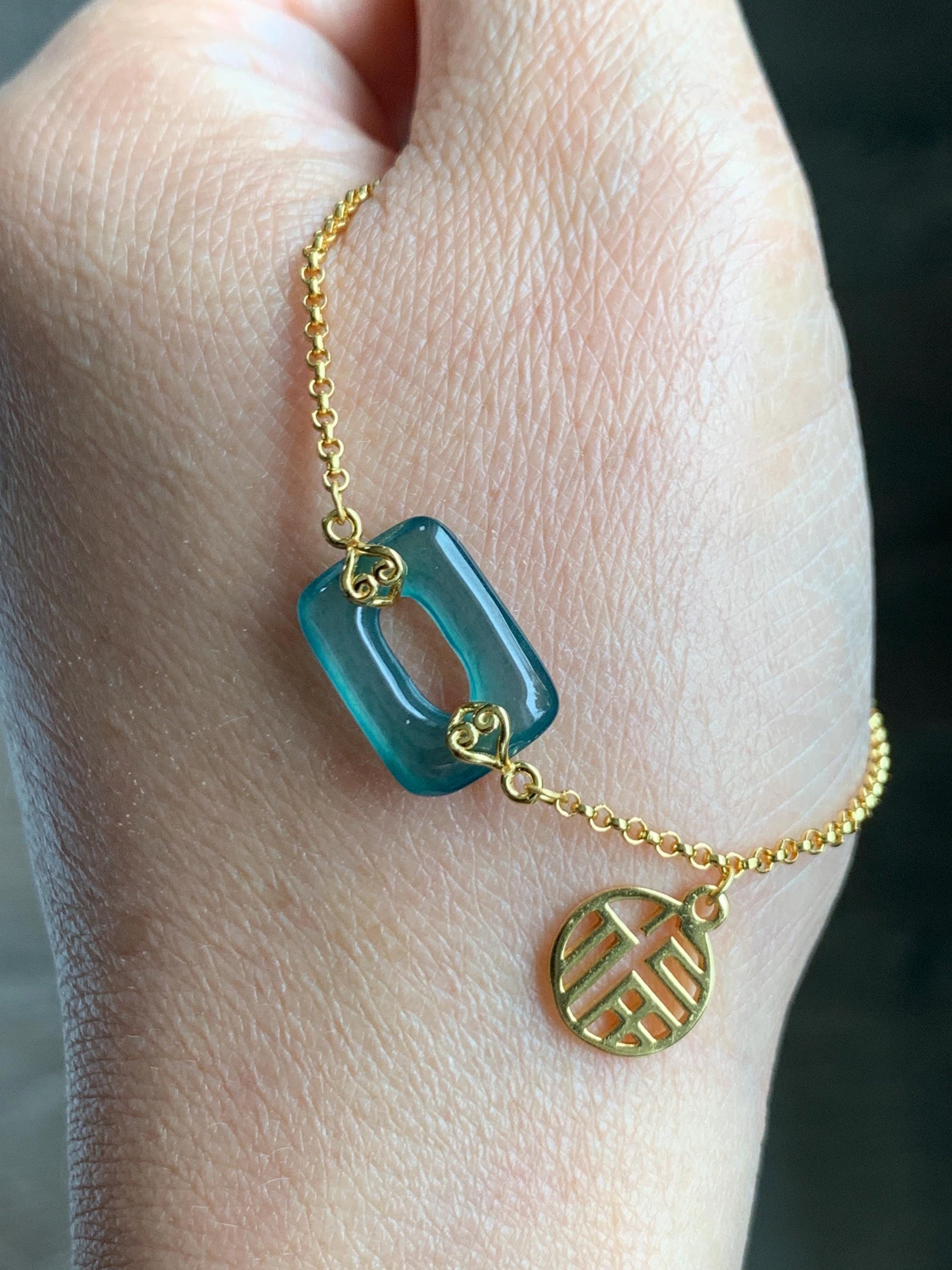 Natural Grade A Guatemalan Icy Translucent Vibrant Teal Blue Jadeite Ping An Kou Donut Chain Bracelet Sterling Silver 天然冰危蓝绿翡翠方扣银手链 FKL140