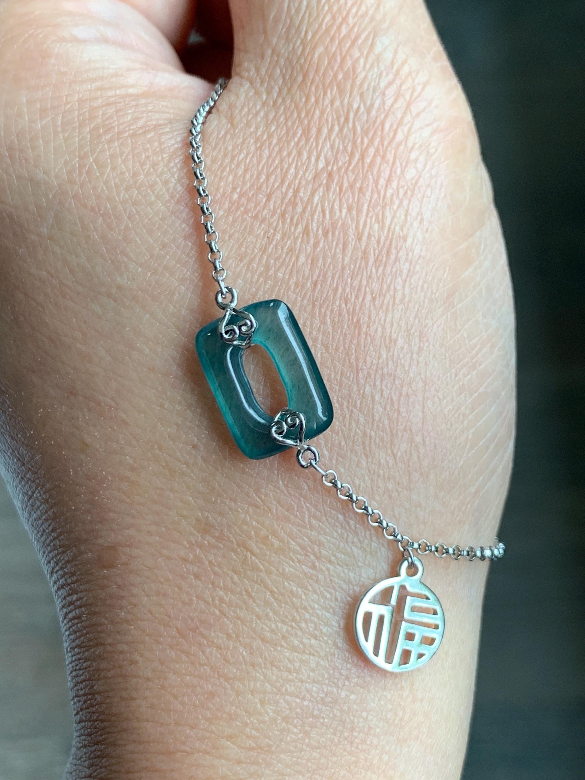Natural Grade A Guatemalan Icy Translucent Vibrant Teal Blue Jadeite Ping An Kou Donut Chain Bracelet Sterling Silver 天然冰危蓝绿翡翠方扣银手链 FKL140