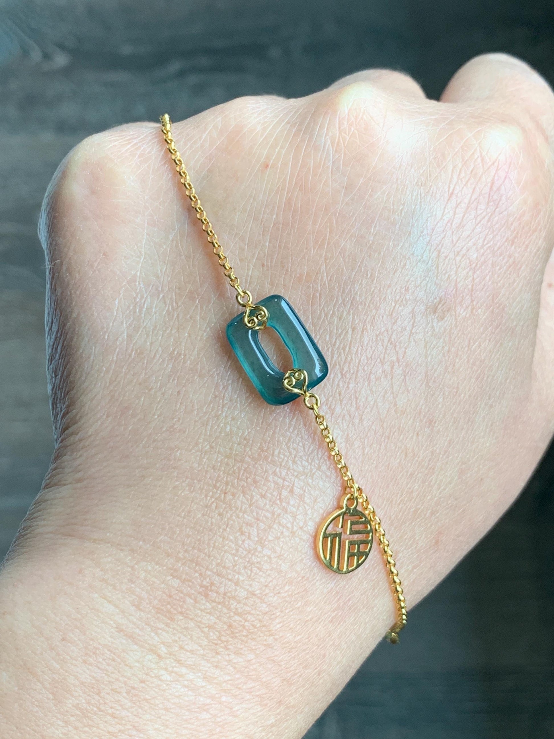Natural Grade A Guatemalan Icy Translucent Vibrant Teal Blue Jadeite Ping An Kou Donut Chain Bracelet Sterling Silver 天然冰危蓝绿翡翠方扣银手链 FKL140