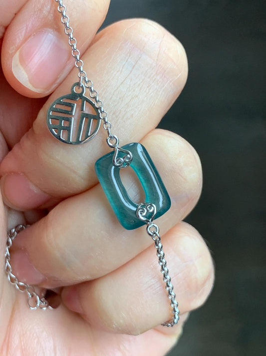 Natural Grade A Guatemalan Icy Translucent Vibrant Teal Blue Jadeite Ping An Kou Donut Chain Bracelet Sterling Silver 天然冰危蓝绿翡翠方扣银手链 FKL140