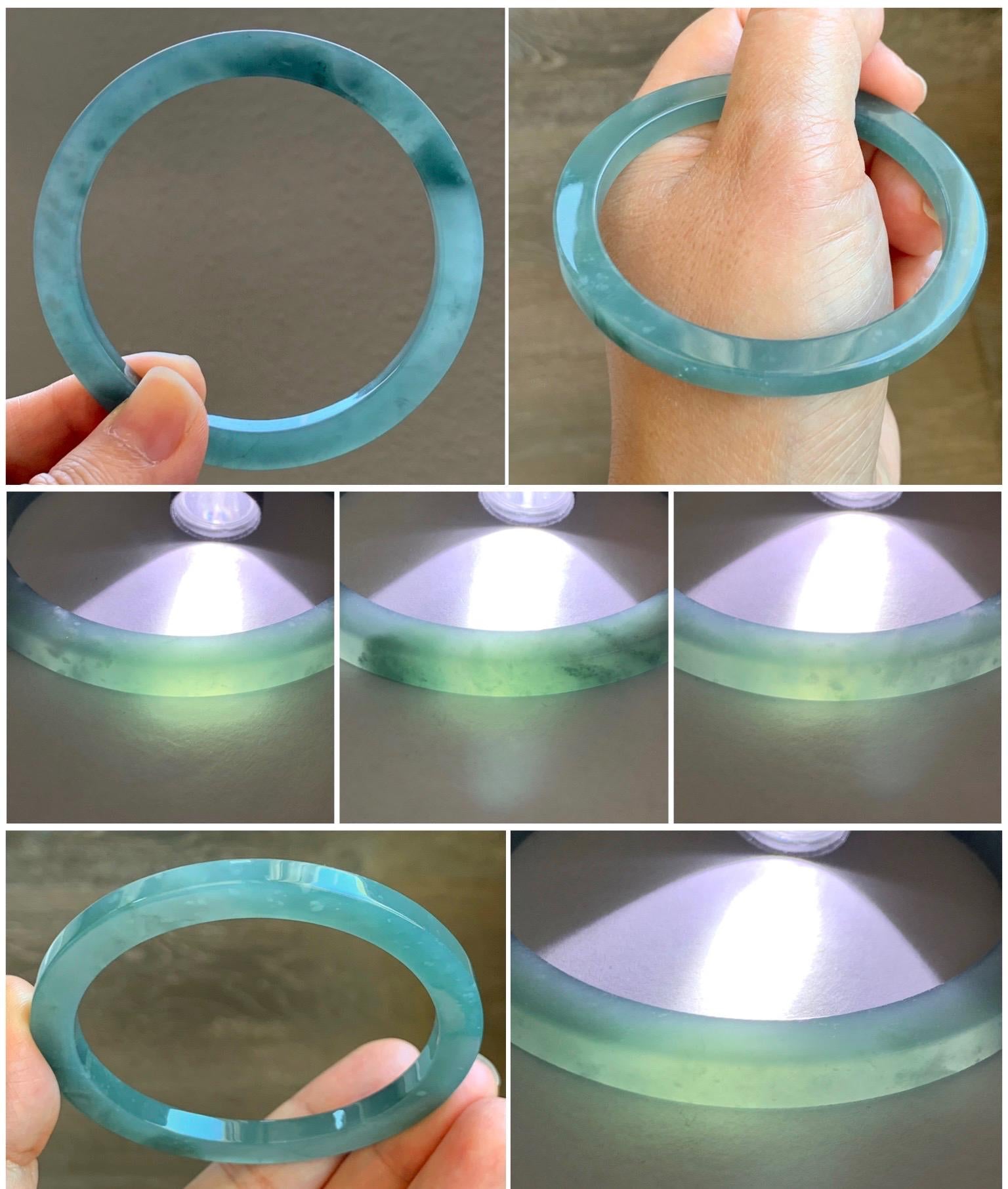 Certified Natural Guatemalan Icy Translucent Gelatinous Teal Blue Jade Jadeite Square Edged Bangle Bracelet 58.4mm 7.22” 天然冰胶危蓝翡翠方镯手镯 8753