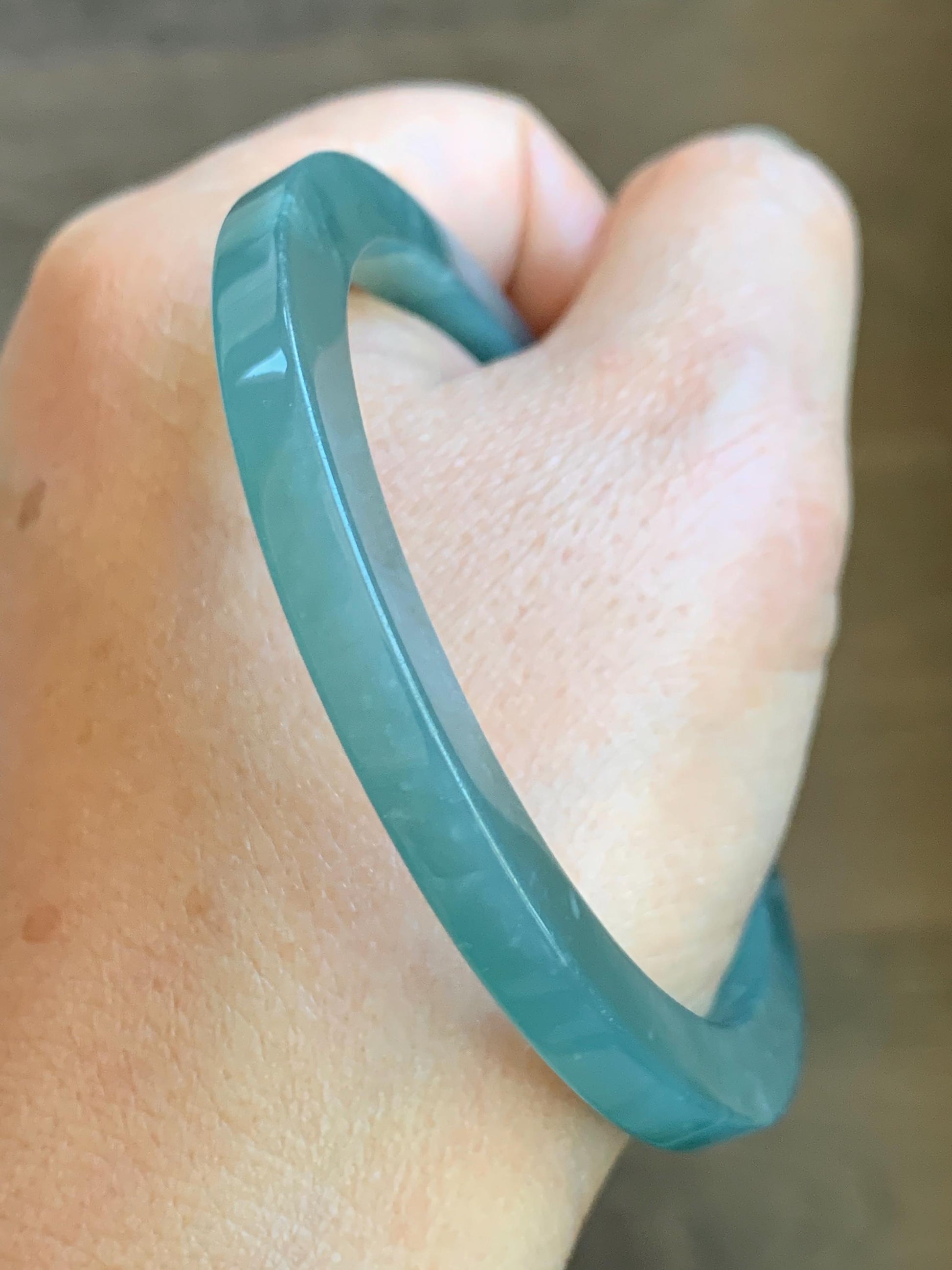 Certified Natural Guatemalan Icy Translucent Gelatinous Teal Blue Jade Jadeite Square Edged Bangle Bracelet 58.4mm 7.22” 天然冰胶危蓝翡翠方镯手镯 8753