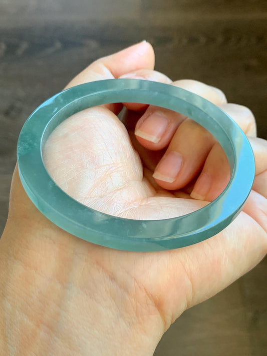 Certified Natural Guatemalan Icy Translucent Gelatinous Teal Blue Jade Jadeite Square Edged Bangle Bracelet 58.4mm 7.22” 天然冰胶危蓝翡翠方镯手镯 8753