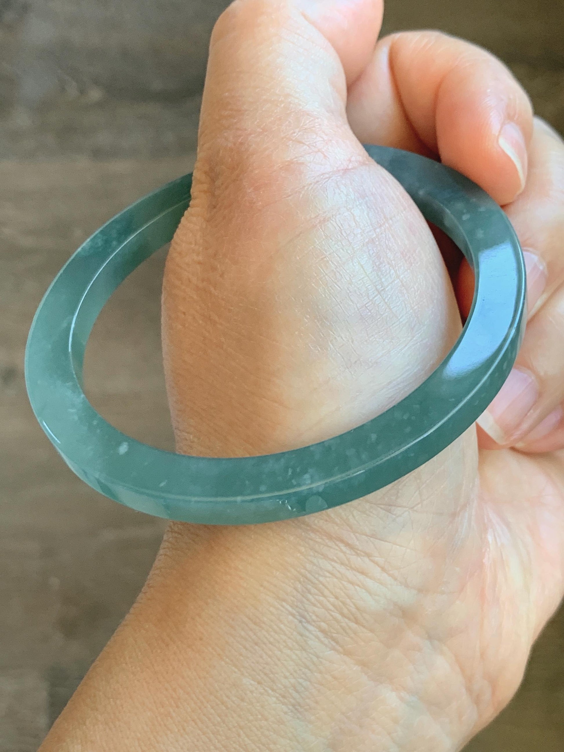 Certified Natural Guatemalan Icy Translucent Gelatinous Teal Blue Jade Jadeite Square Edged Bangle Bracelet 58.4mm 7.22” 天然冰胶危蓝翡翠方镯手镯 8753